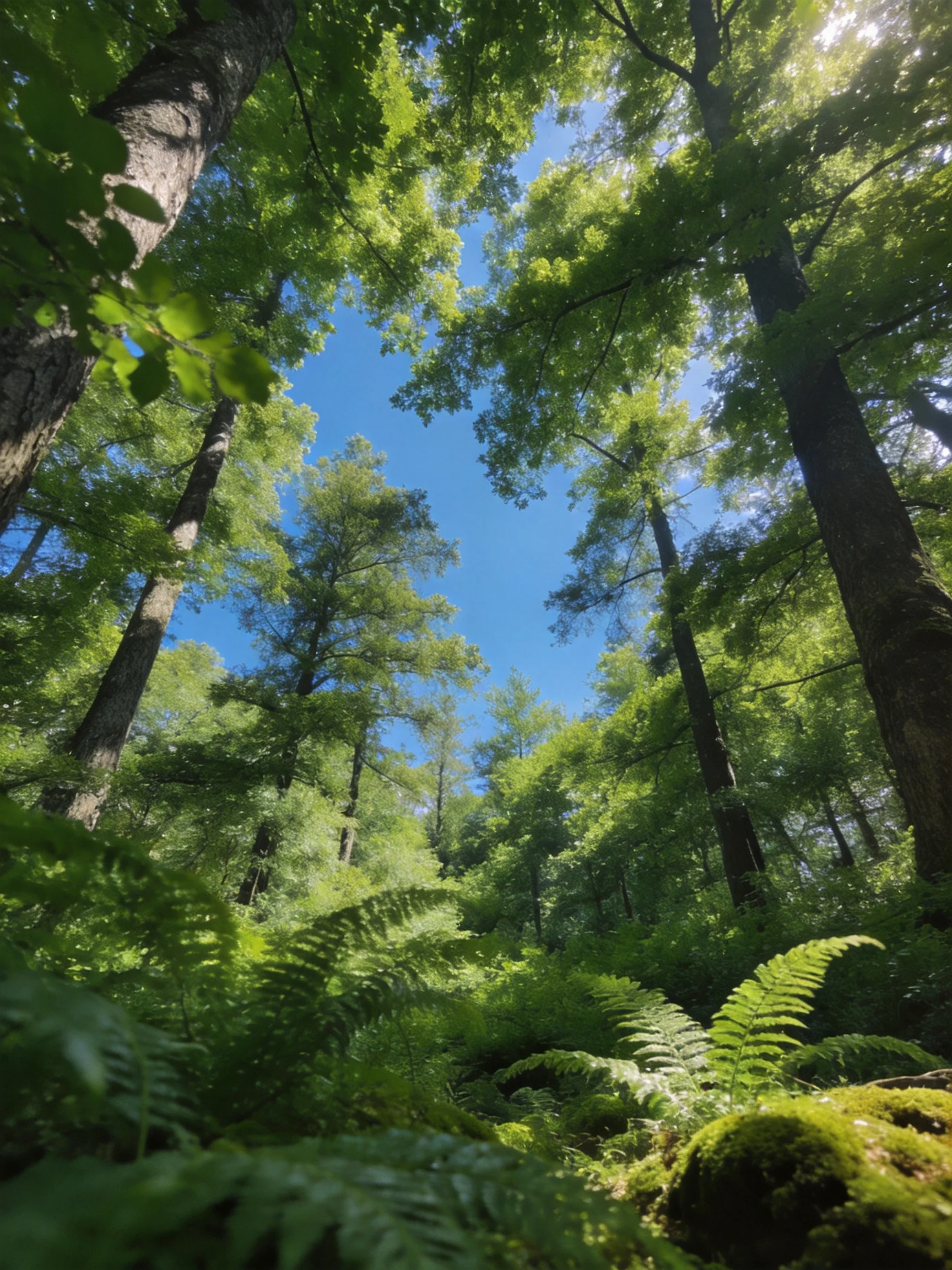 Tall trees and lush ferns fill a sunlit forest canopy