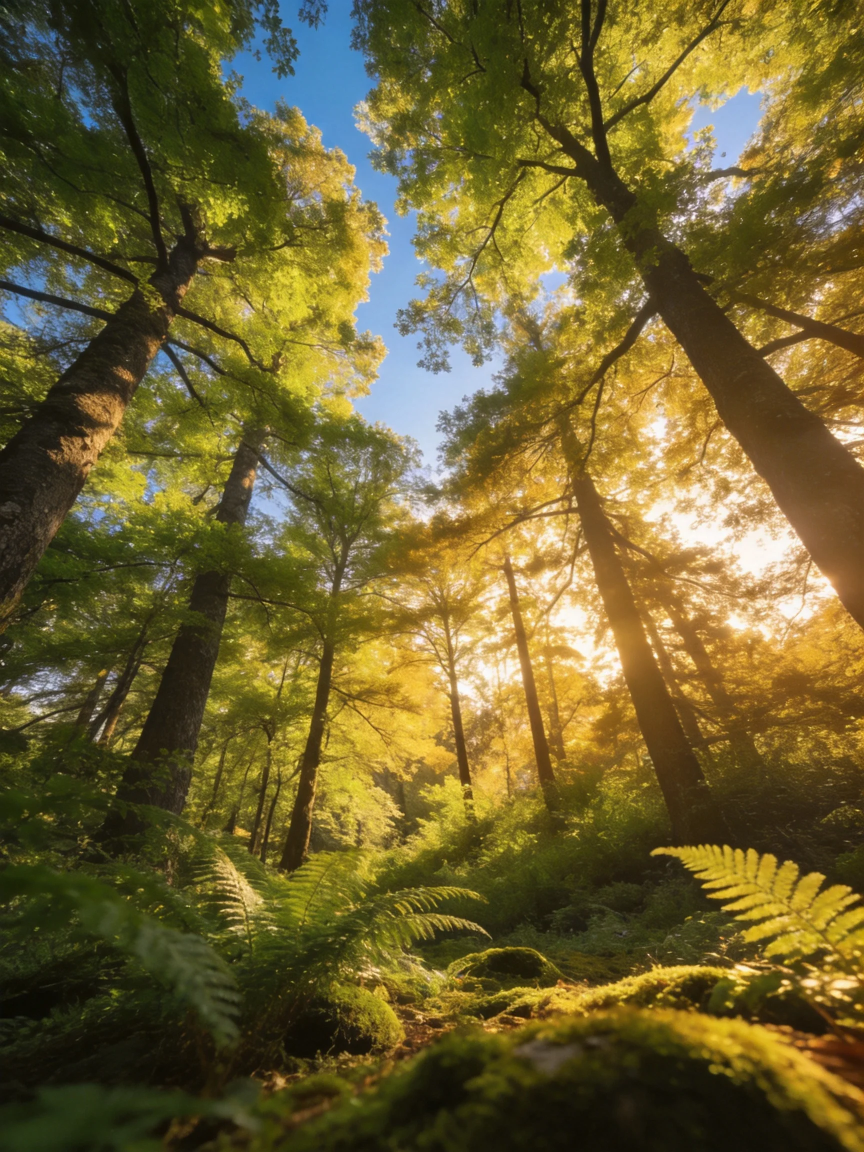 Tall trees and lush ferns illuminated by golden sunlight