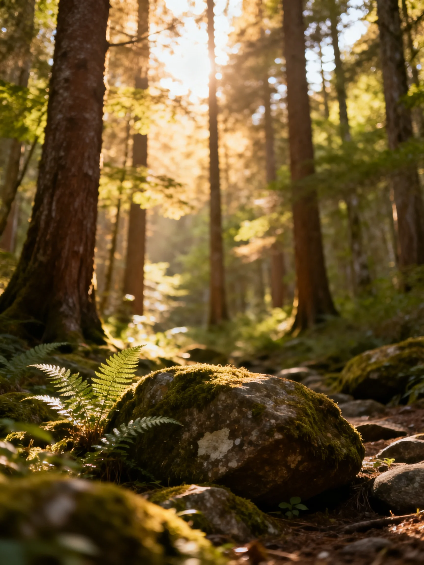 Tall trees and mossy rocks in sun-dappled forest