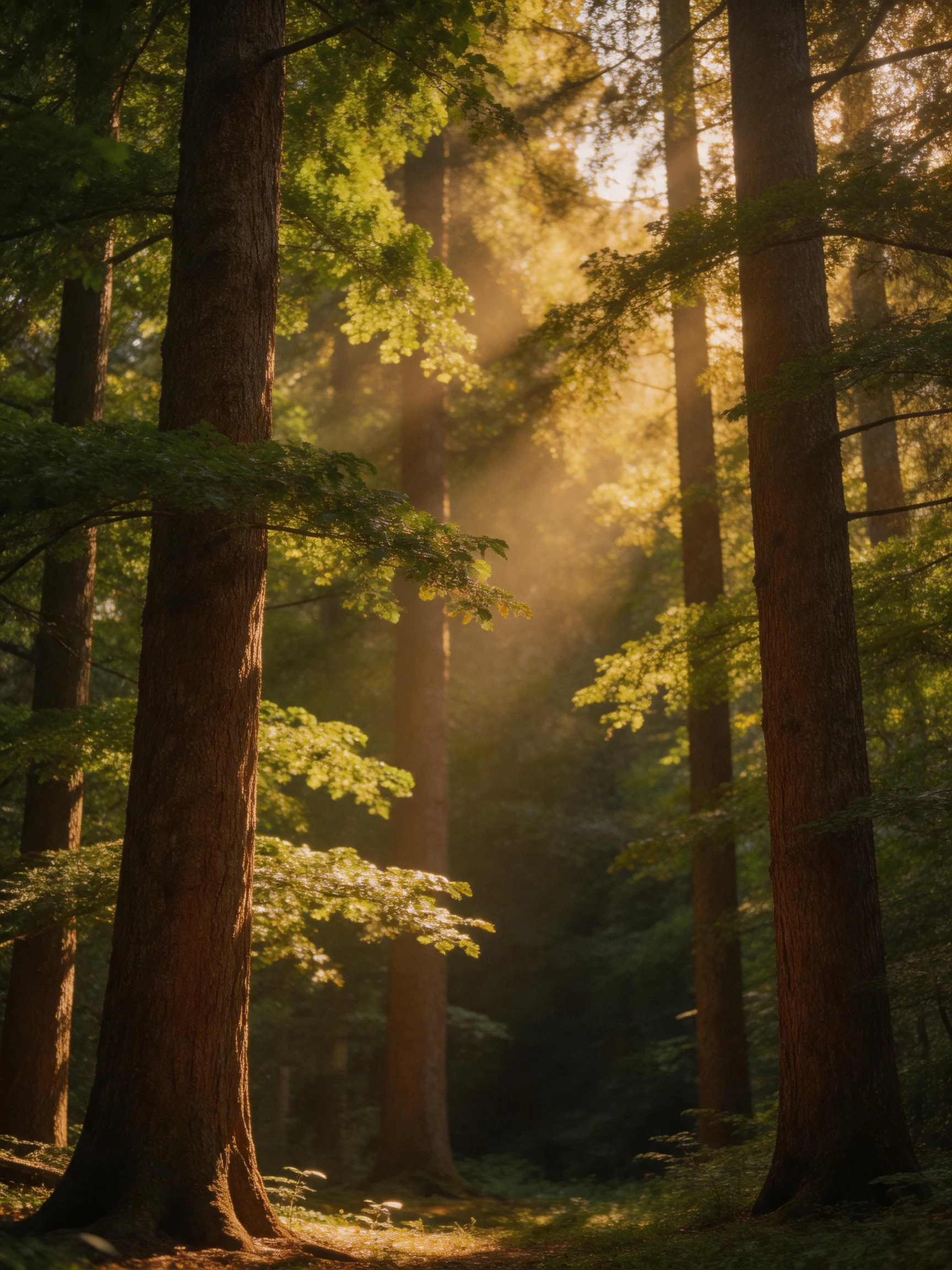 Tall trees bathed in golden sunlight within lush greenery and mist