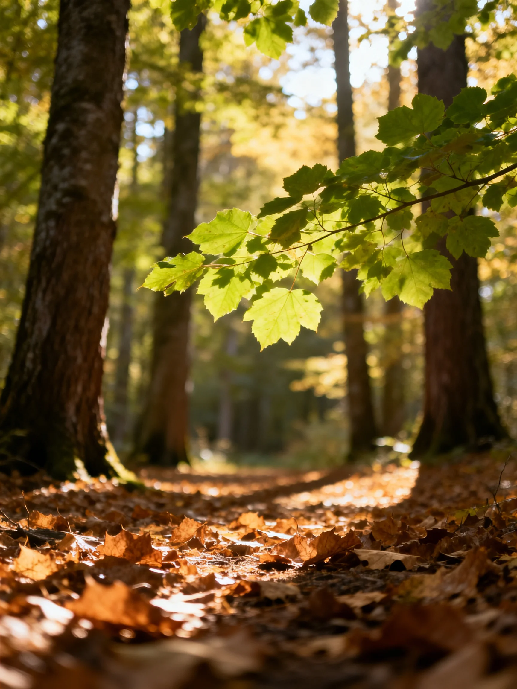 Tall trees border a sunlit forest path with golden leaves