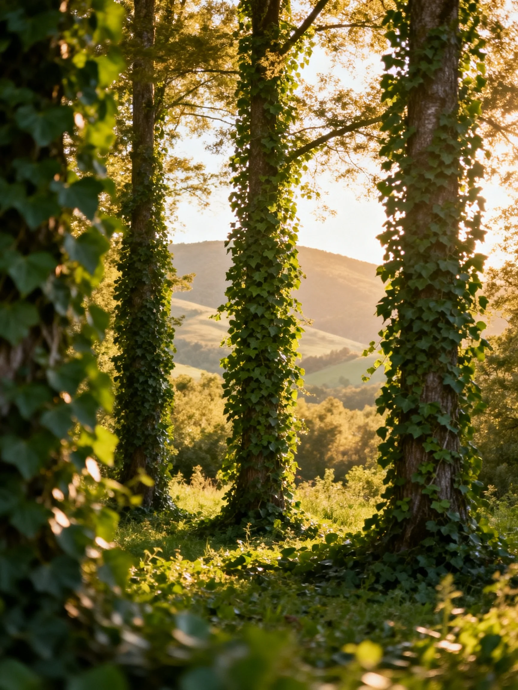 Tall trees draped in green vines, golden sunlight over rolling hills