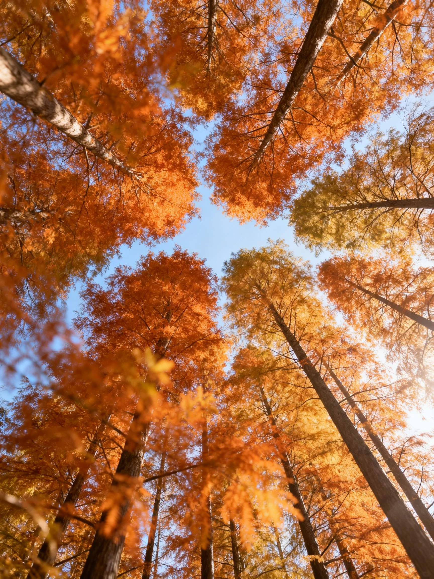 Tall trees exhibit rich orange and golden autumn foliage under clear blue sky