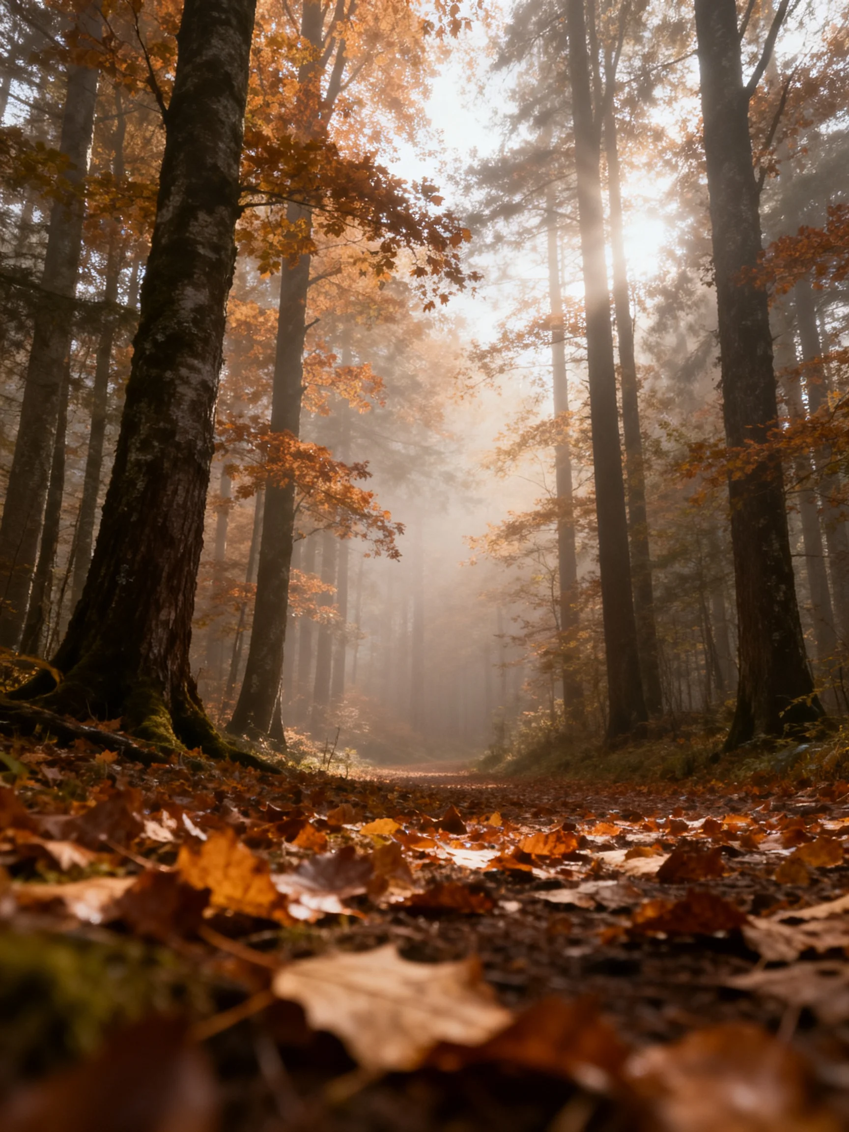 Tall trees frame a misty autumn forest path with golden leaves