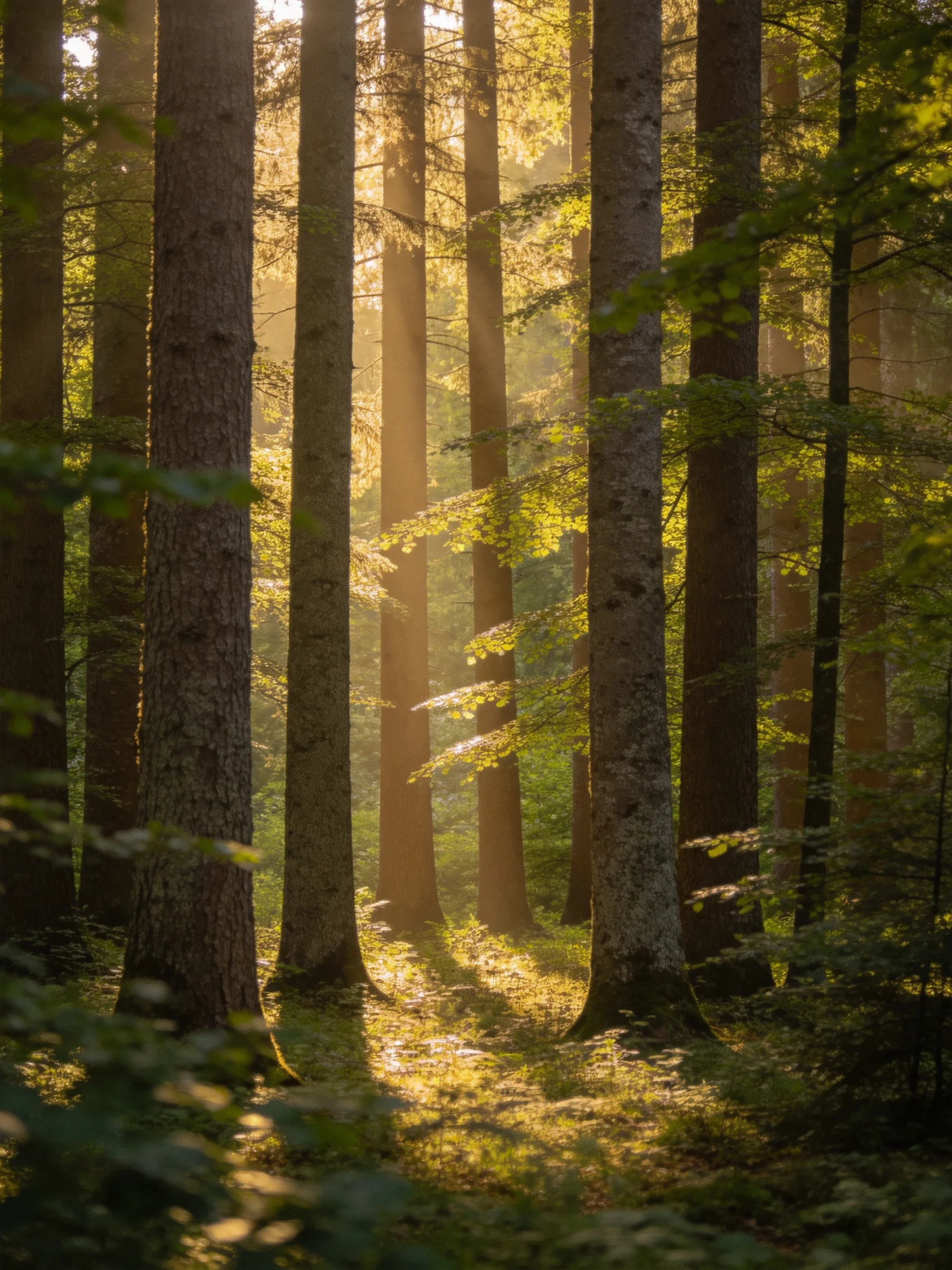 Tall trees illuminated by golden sunlight in misty forest