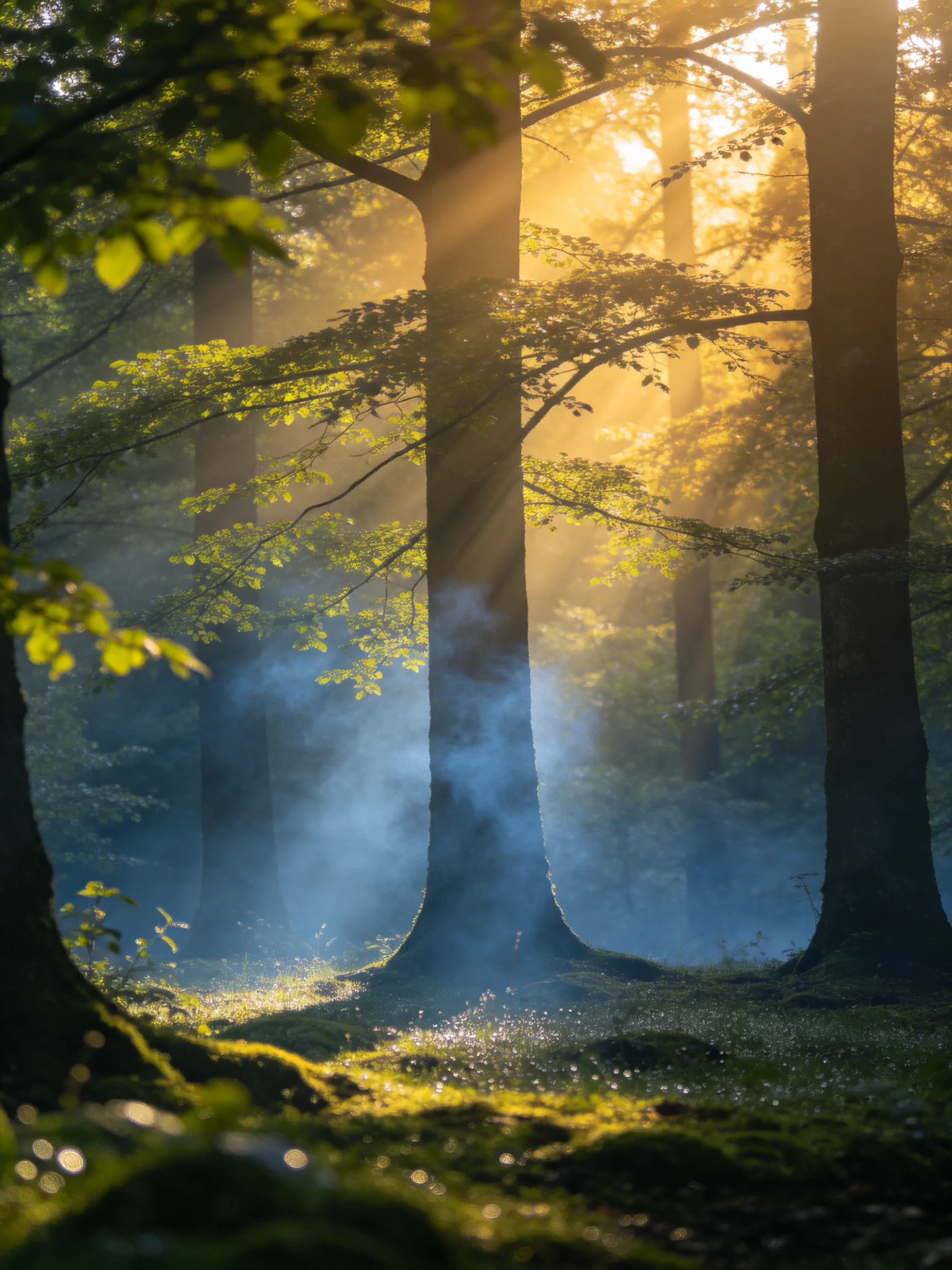 Tall trees illuminated by golden sunlight in misty forest