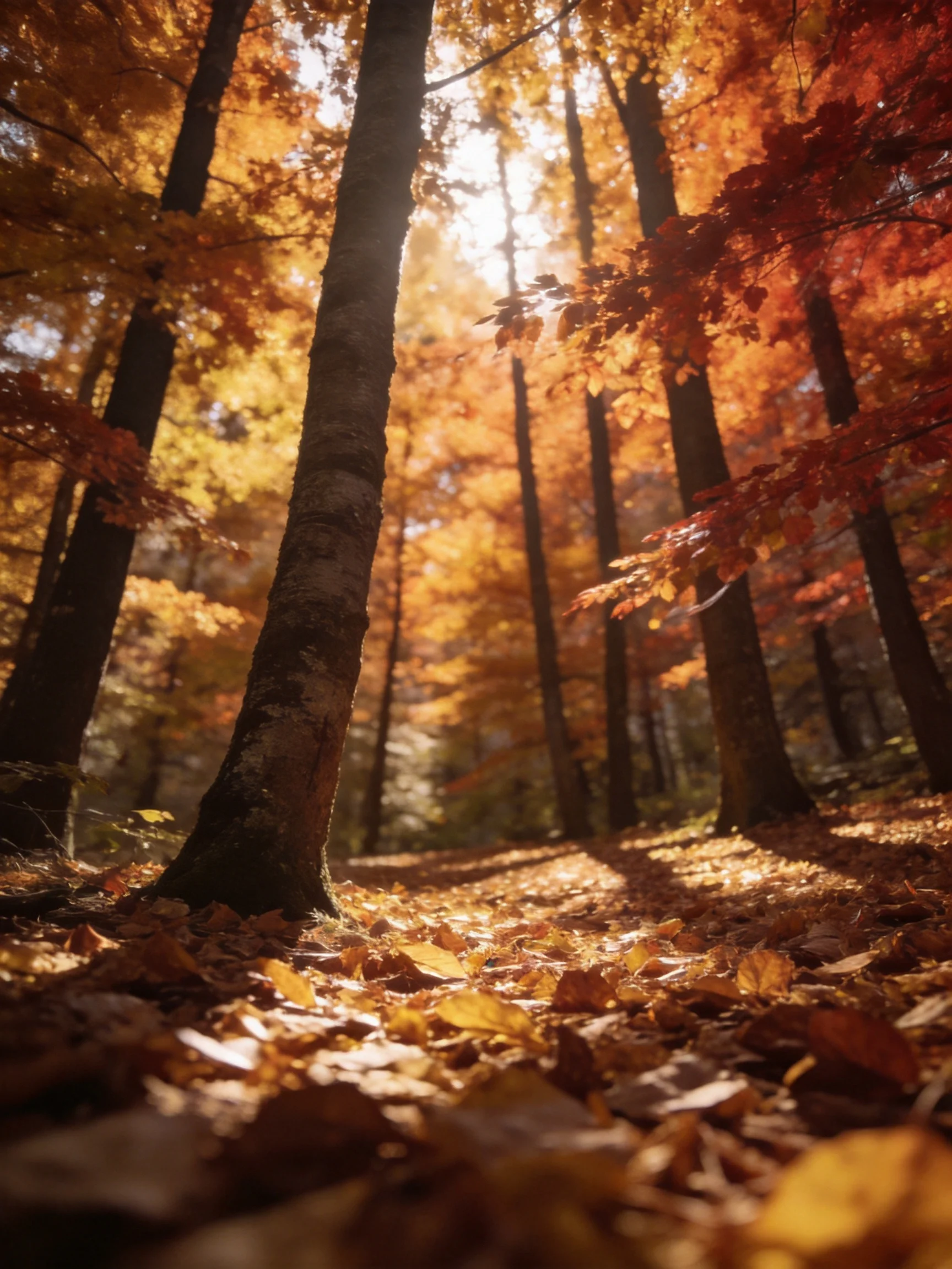 Tall trees in autumn forest with golden-red foliage under sunlight