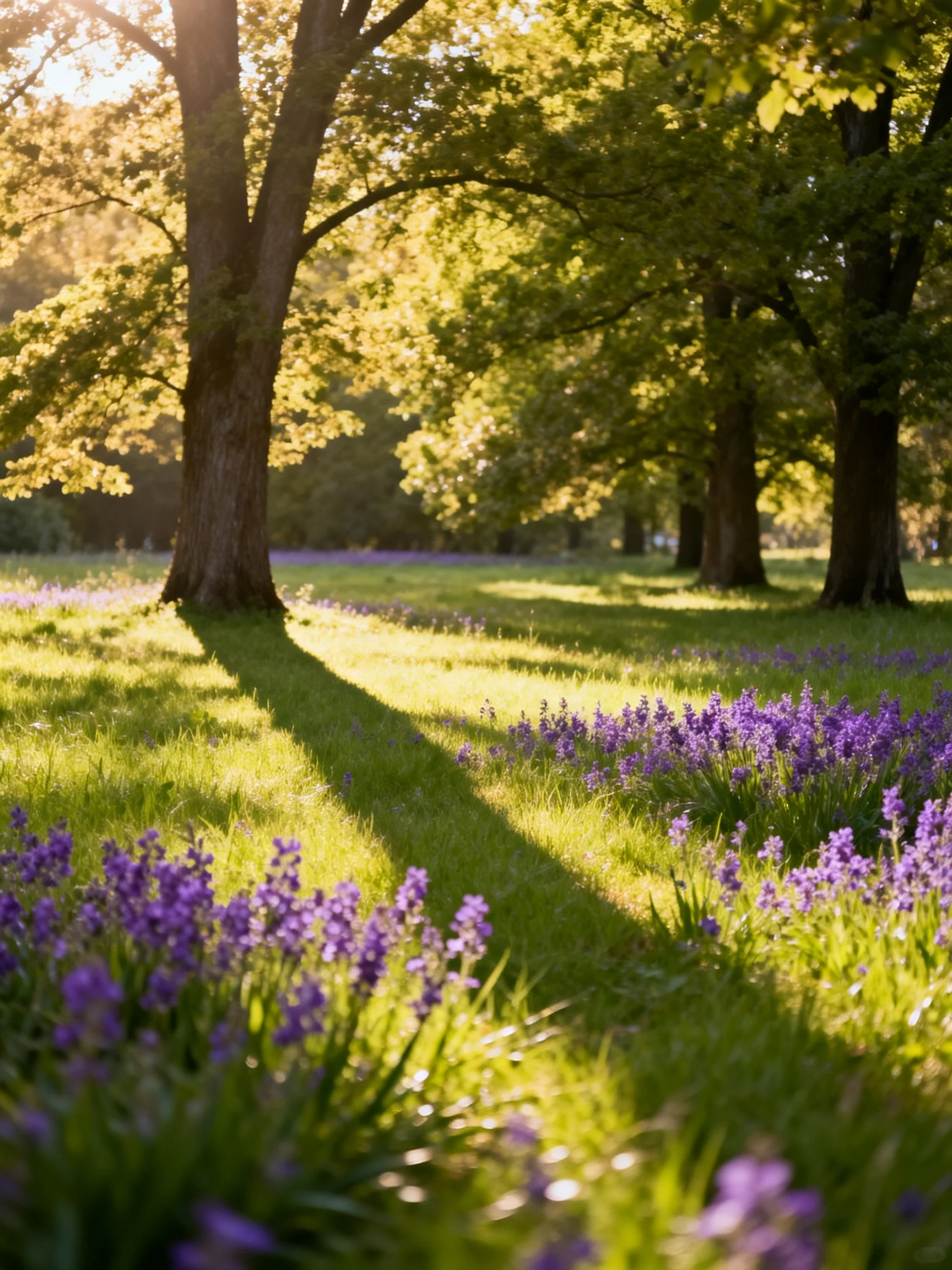 Tall trees shade a meadow of purple blooms under golden sunlight