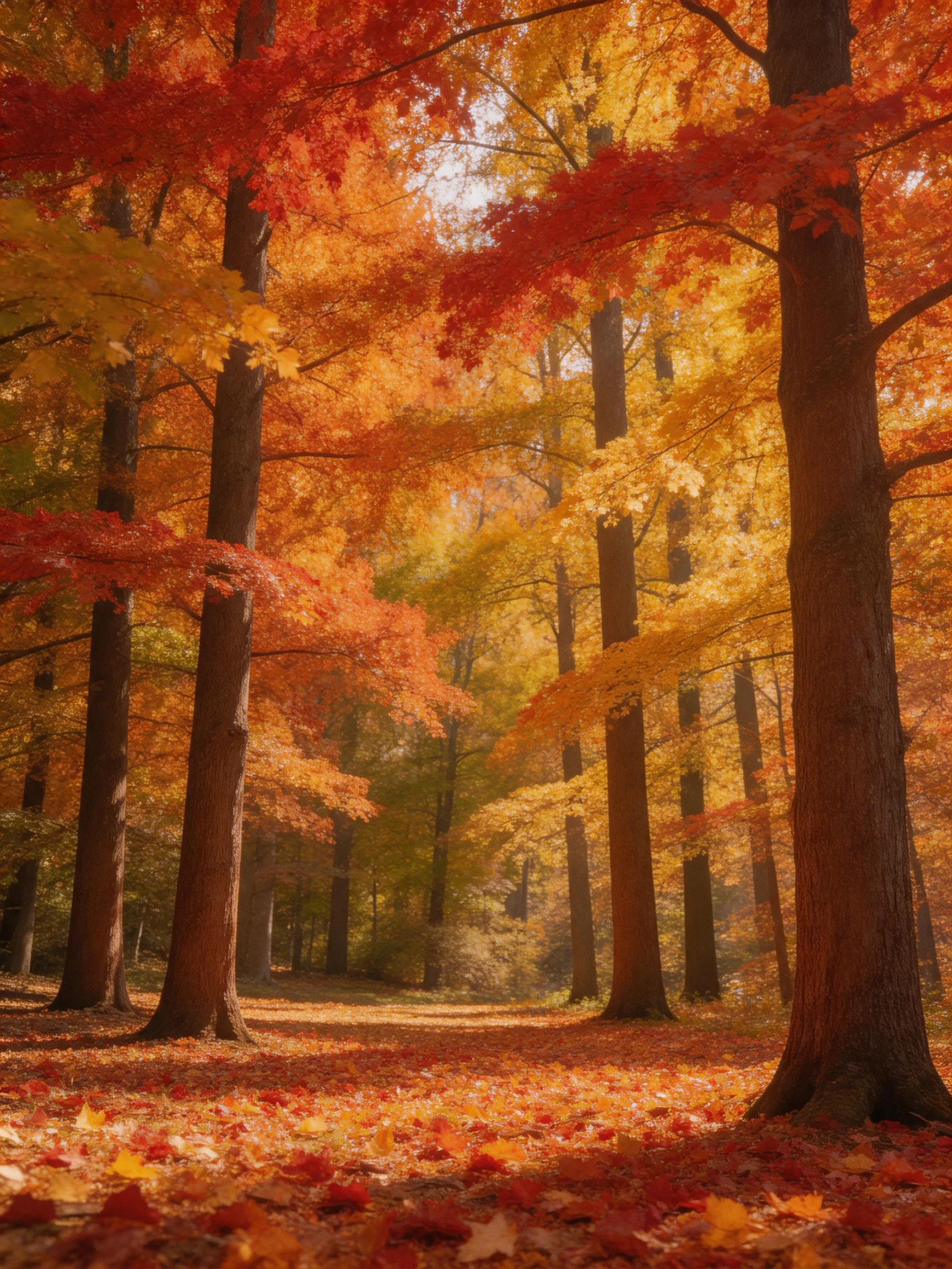 Tall trees showcase vibrant autumn foliage in red, gold, and amber hues