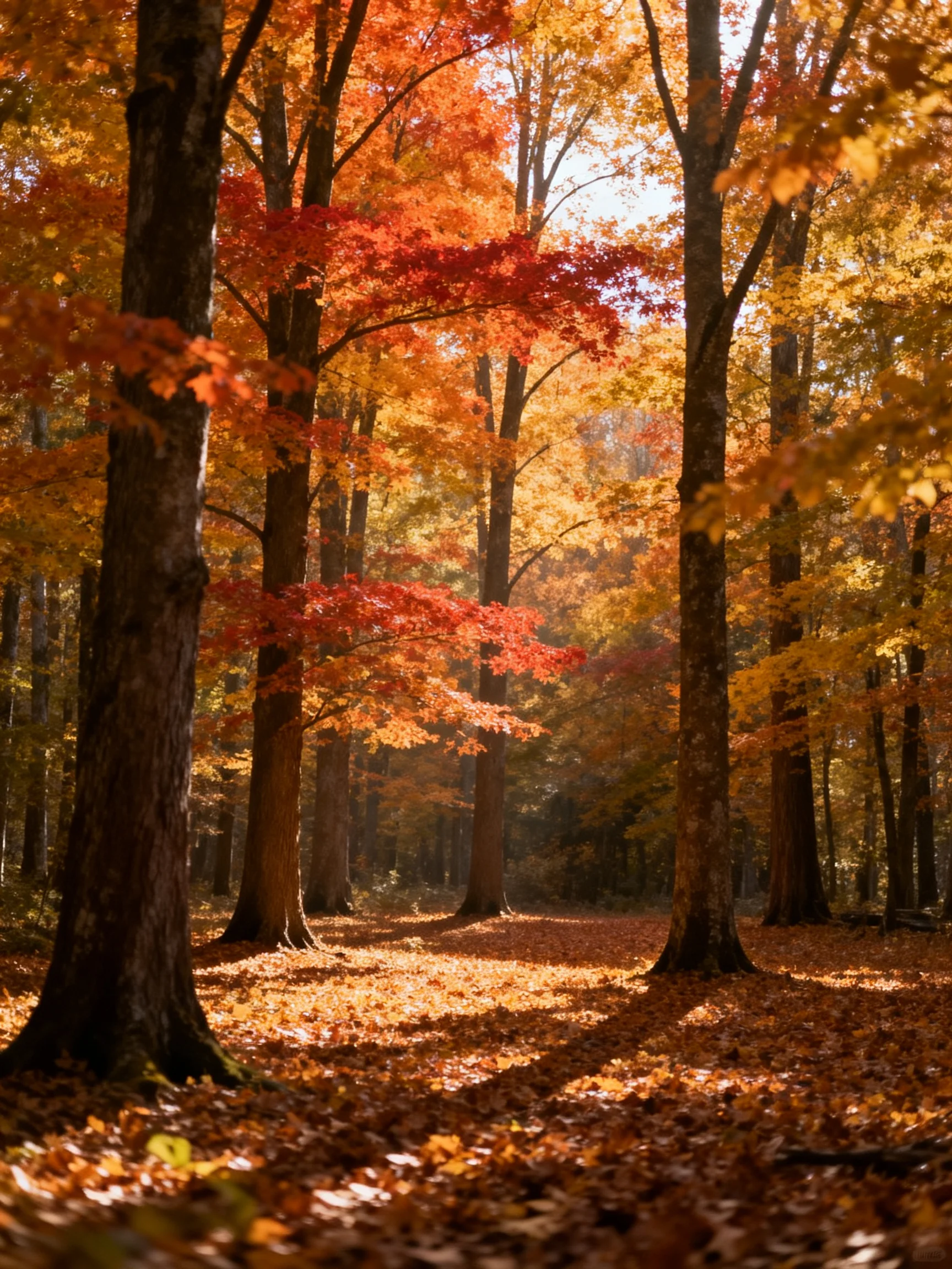 Tall trees showcase vibrant autumn foliage in red, gold, and amber shades.