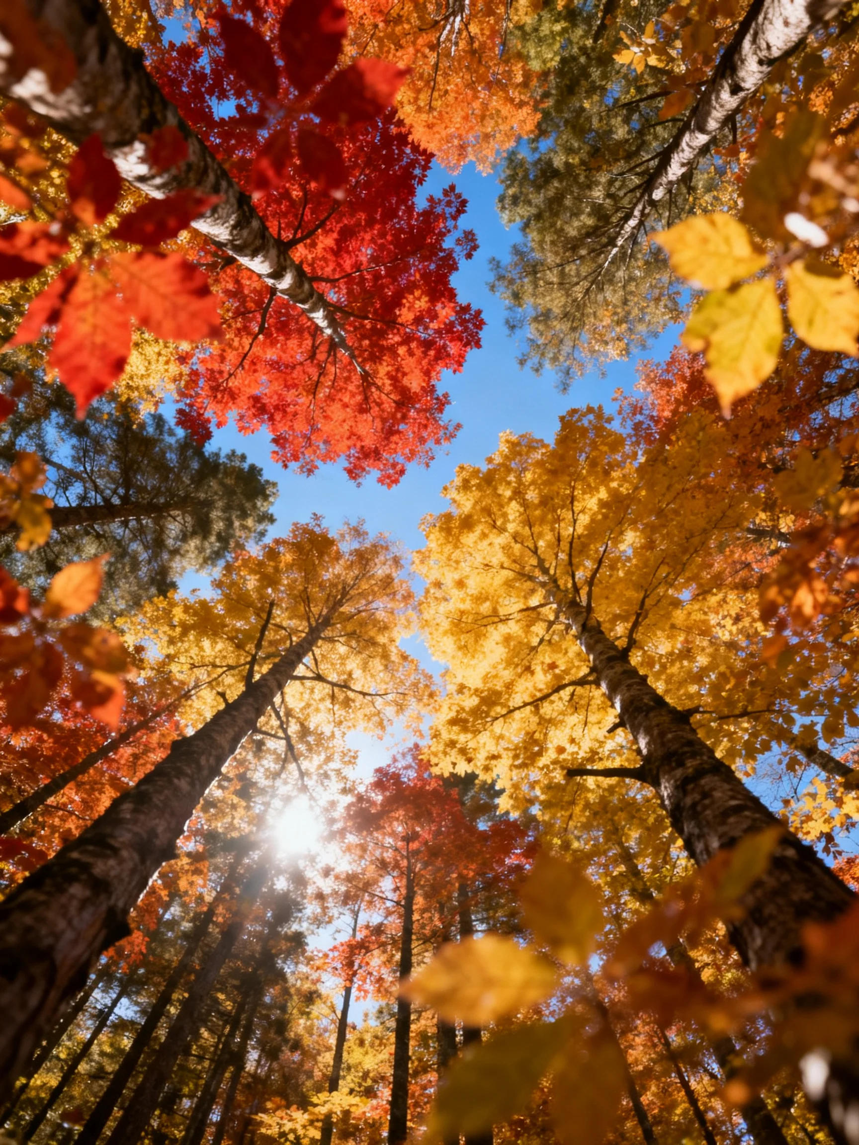Tall trees showcase vivid red, orange, and golden autumn leaves