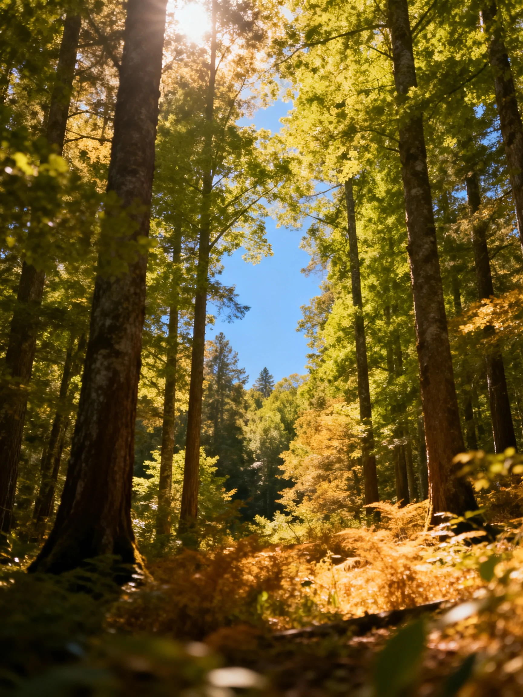 Tall trees tower over a sun-dappled forest with golden undergrowth