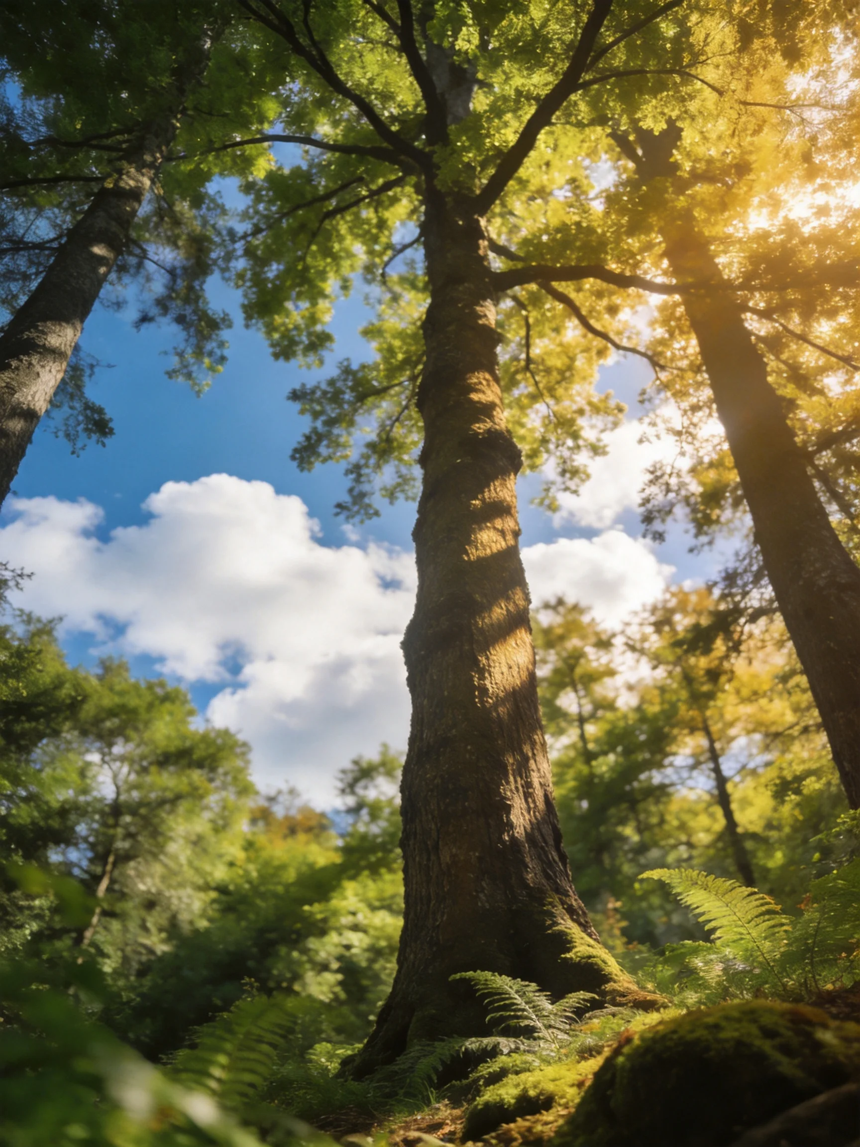Tall trees tower over a sun-drenched forest with lush greenery