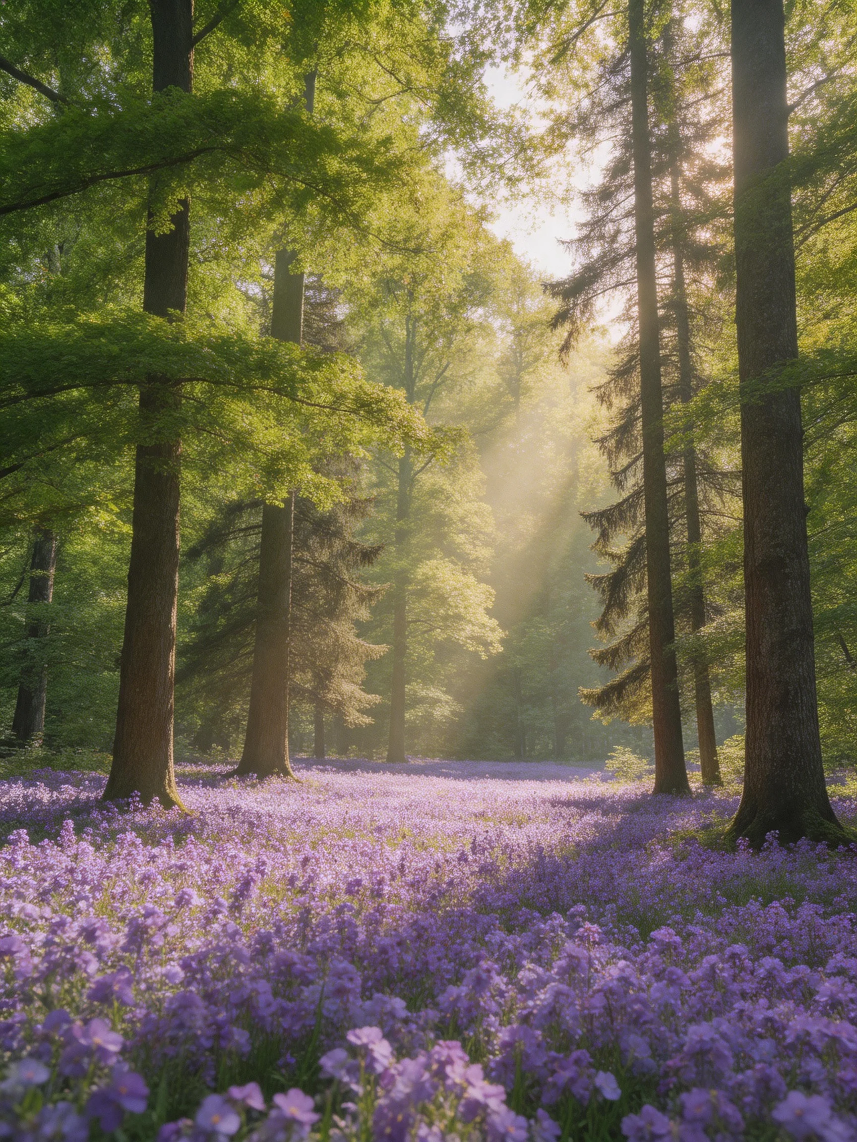 Tall trees tower over a vast field of purple wildflowers under golden sunlight