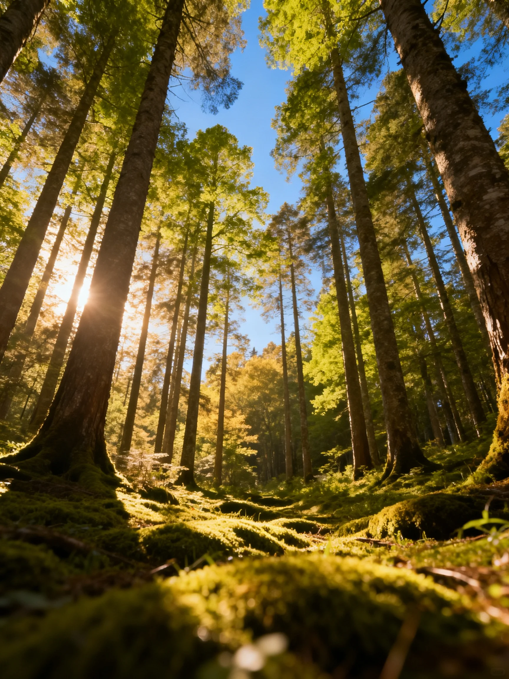 Tall trees tower over moss-covered forest floor with golden sunlight