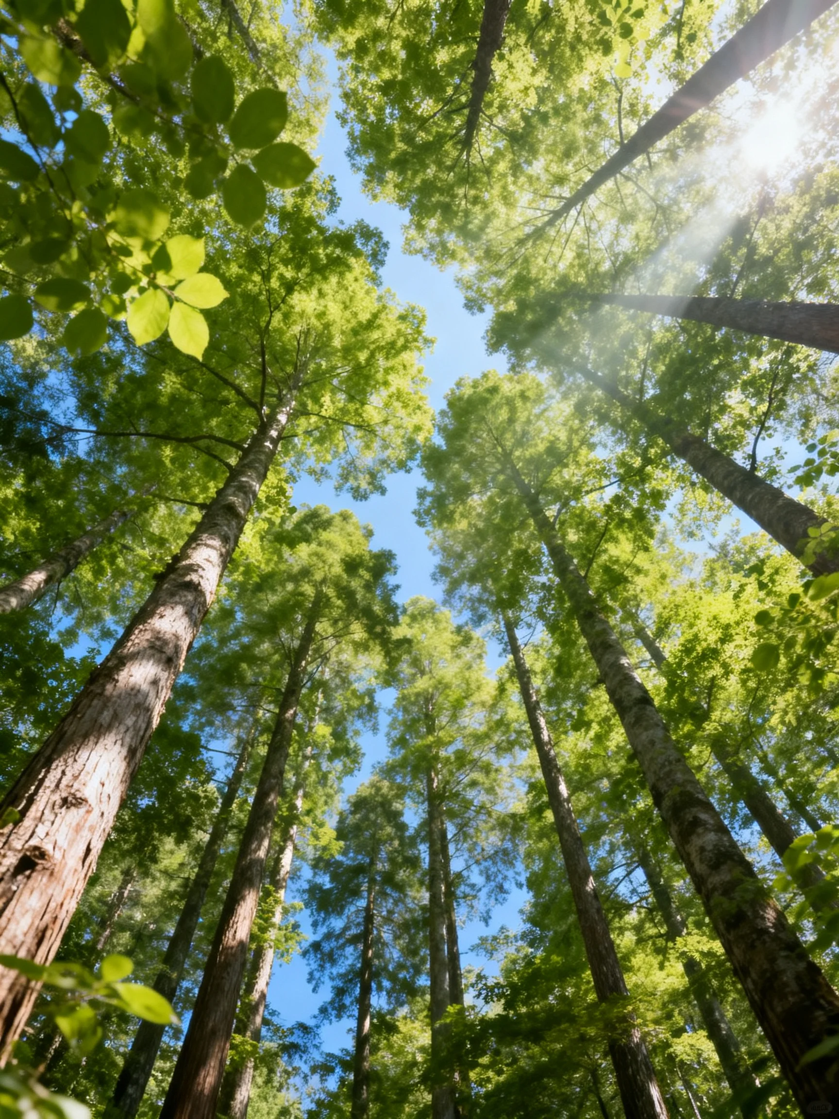 Tall trees tower under bright blue sky with sunlight filtering through green foliage.