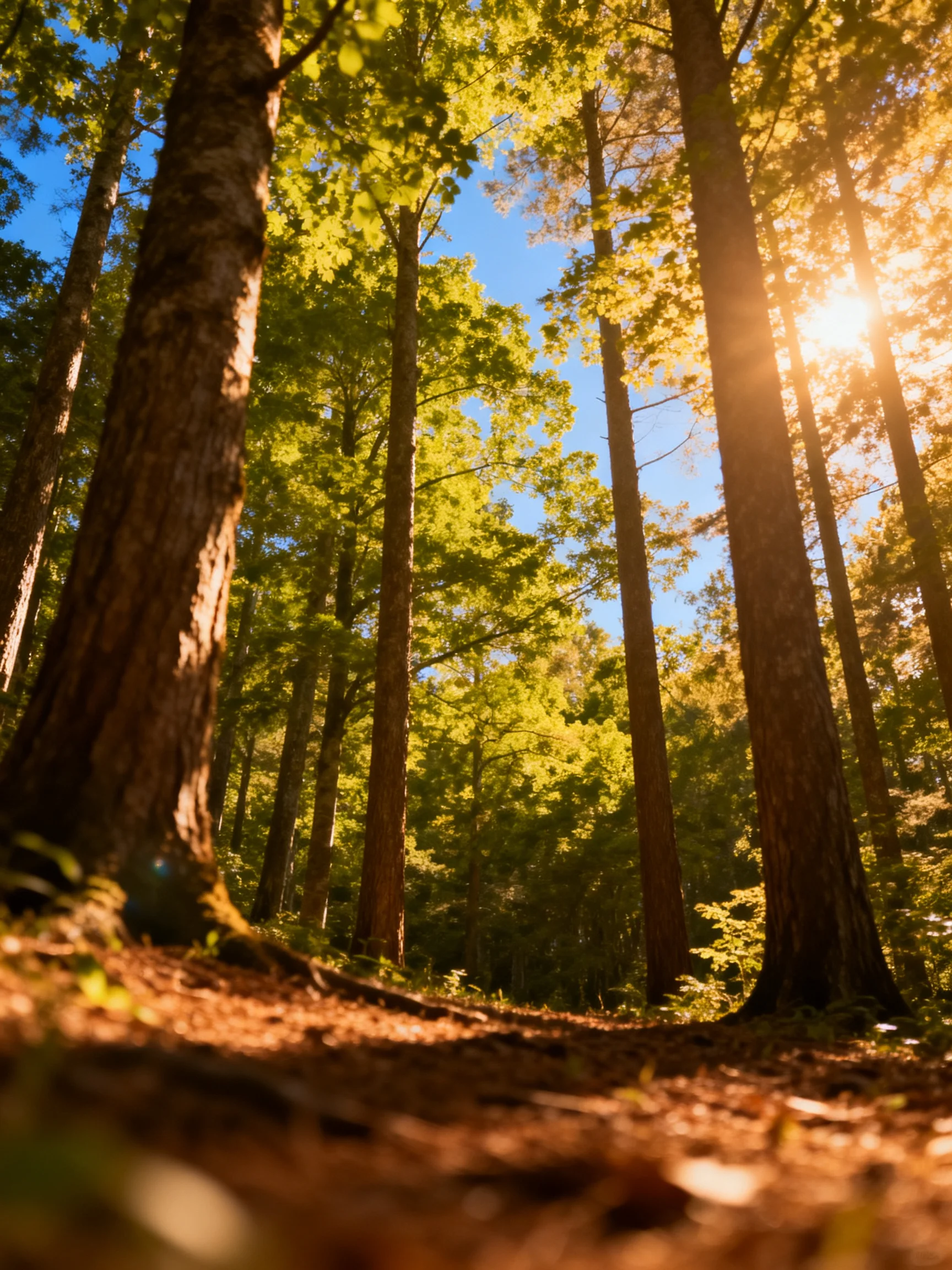 Tall trees with brown trunks, golden foliage, and bright blue sky