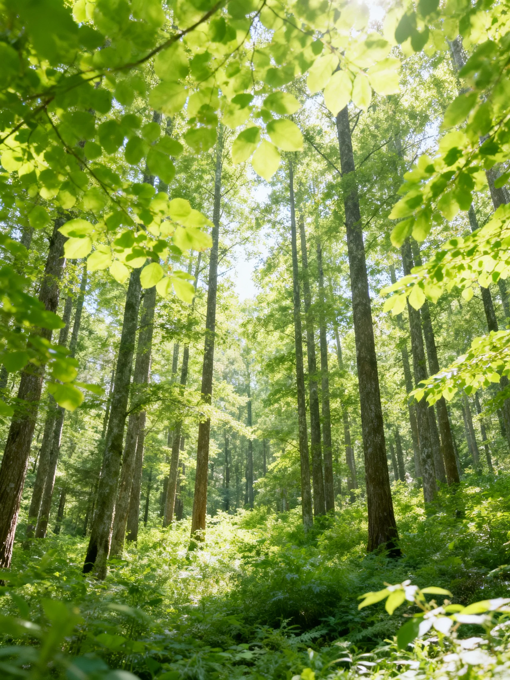 Tall trees with dense green foliage filter sunlight in a serene forest