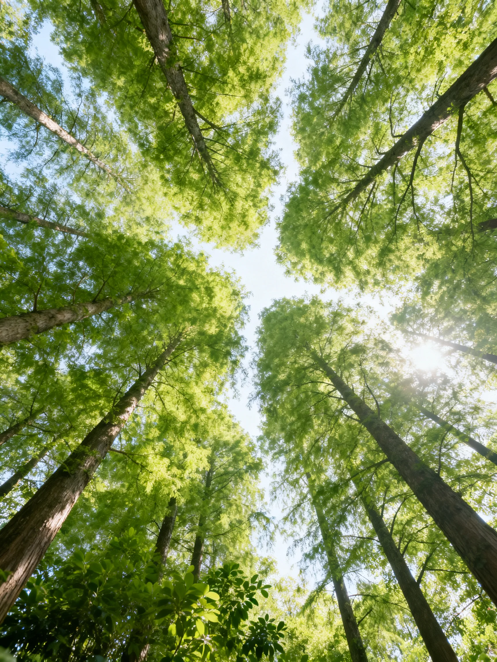 Tall trees with densegreen canopies reaching toward bright sky