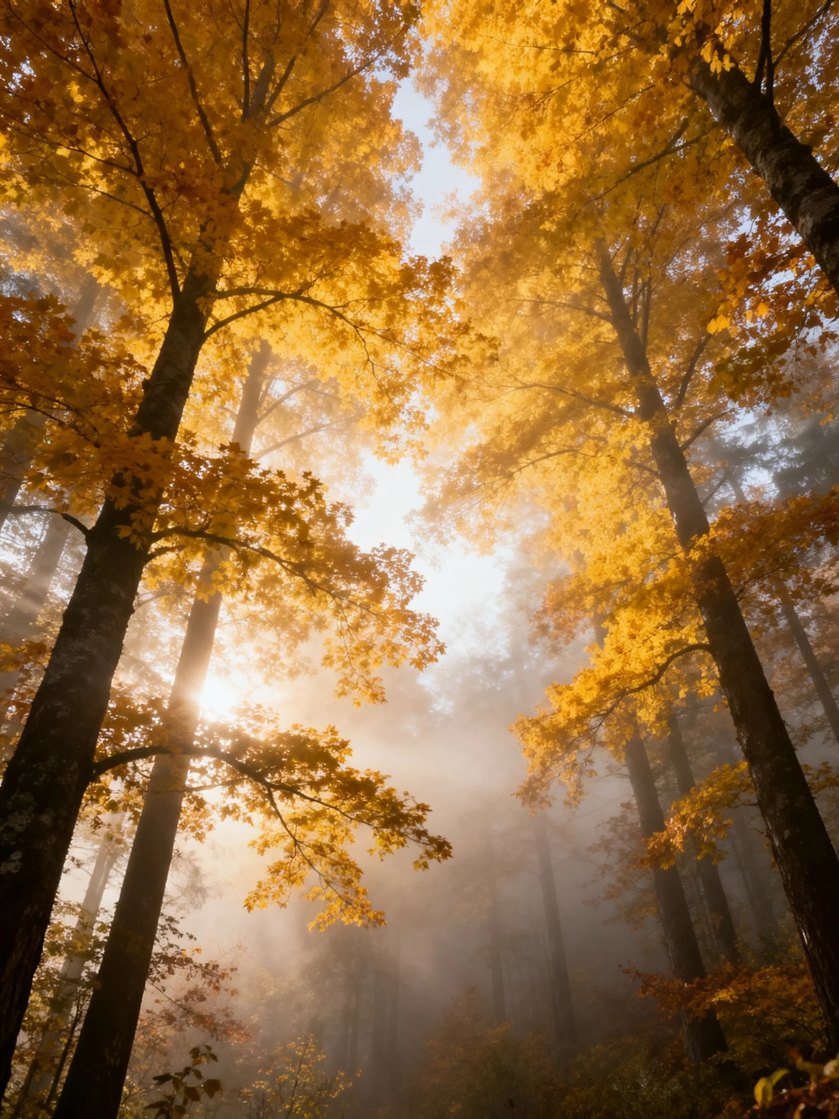 Tall trees with golden autumn foliage in a misty forest