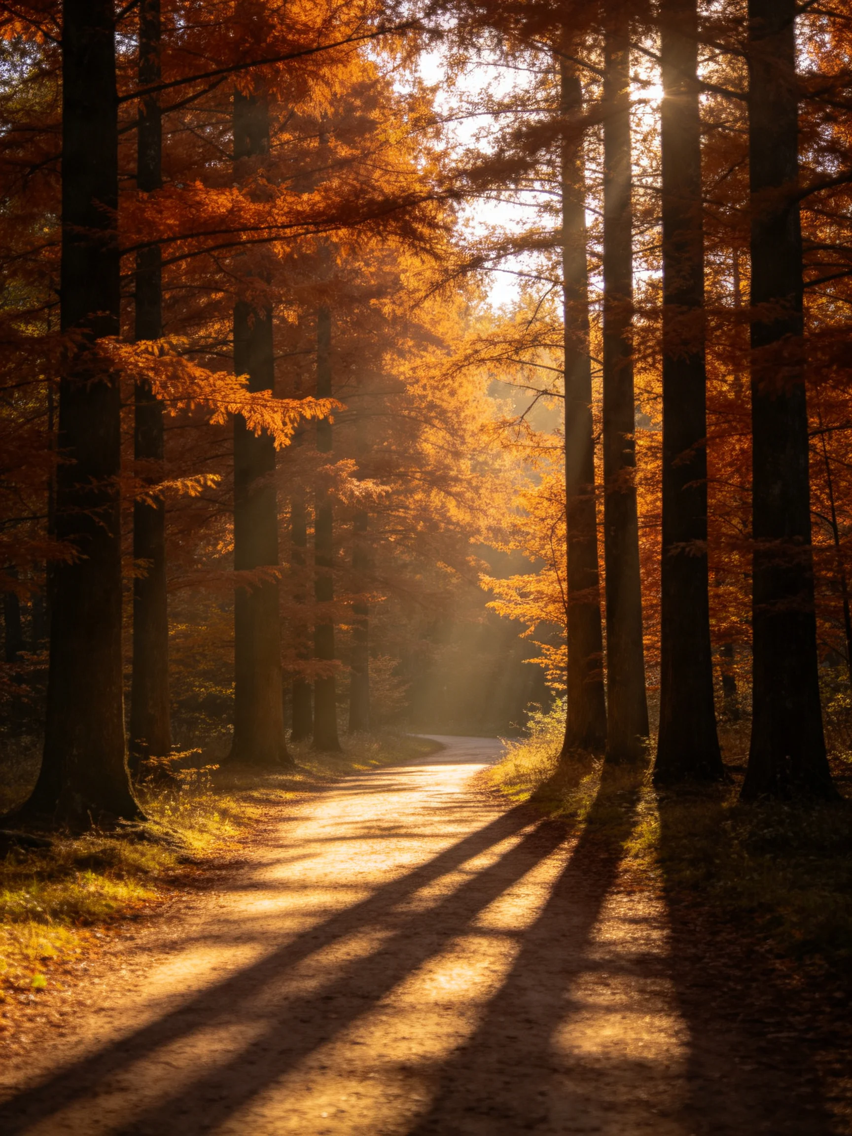 Tall trees with golden autumn leaves border a sunlit forest path