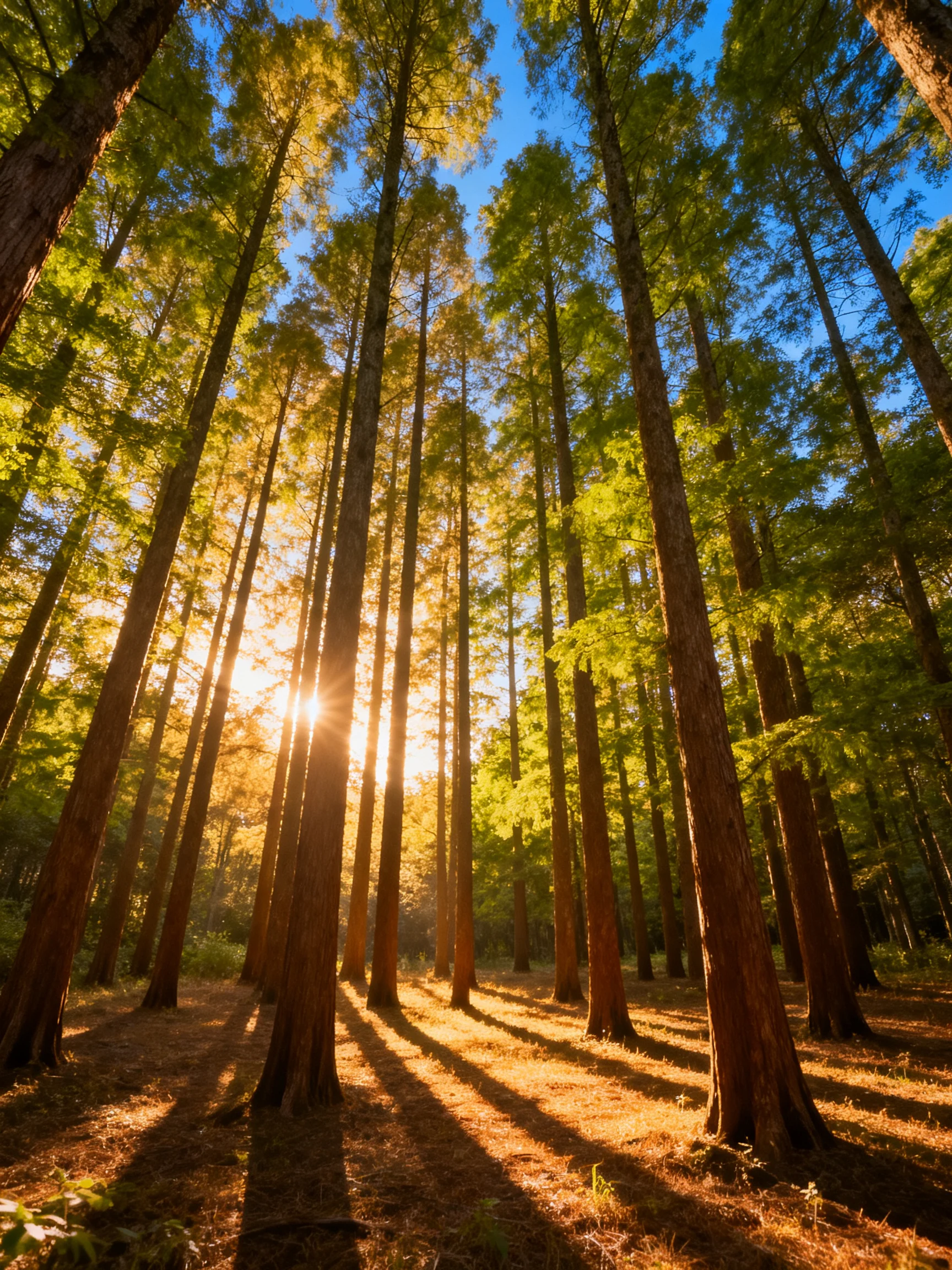 Tall trees with golden sunlight illuminate a serene forest