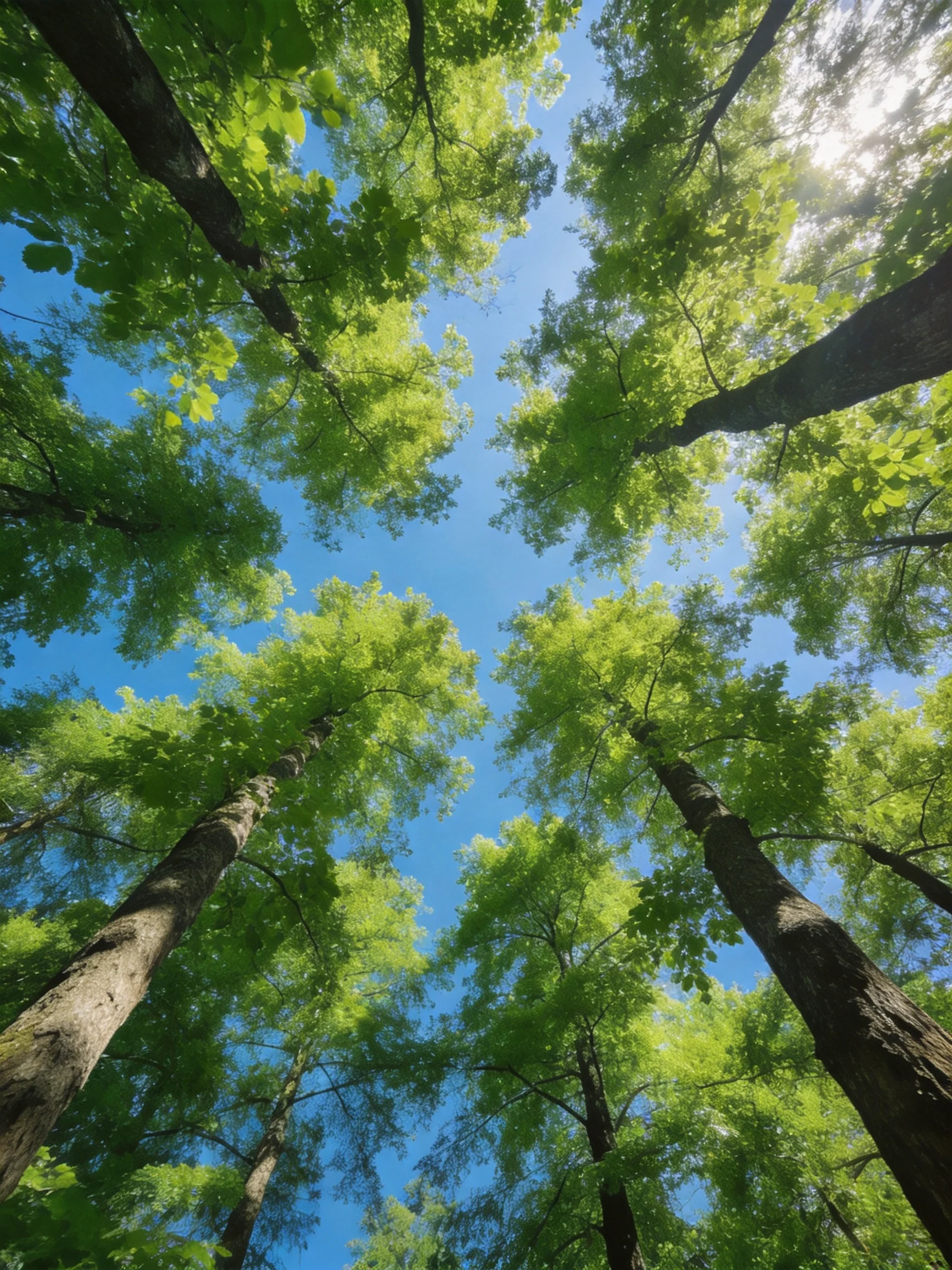 Tall trees with lush green canopies rise against a bright blue sky