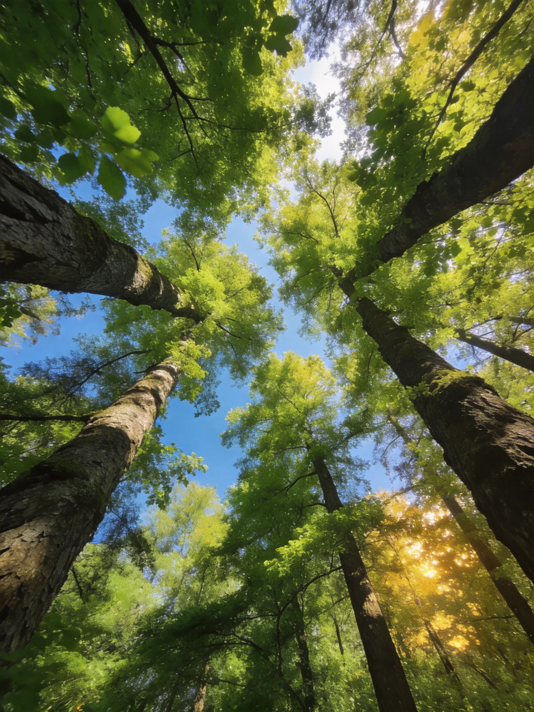 Tall trees with lush green canopies under bright blue sky