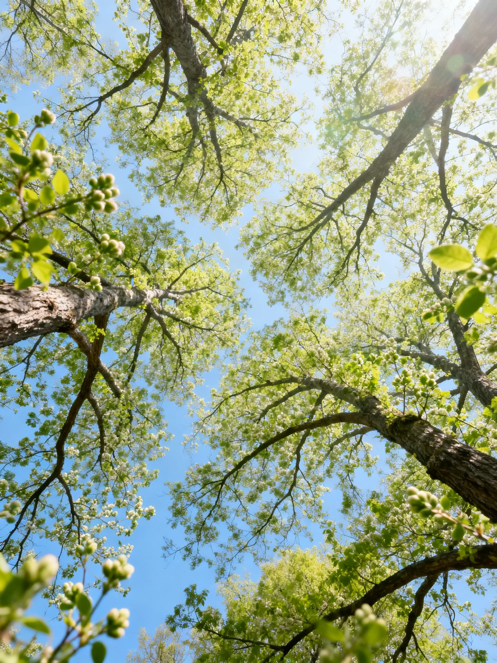 Tall trees with lush green foliage against bright blue sky