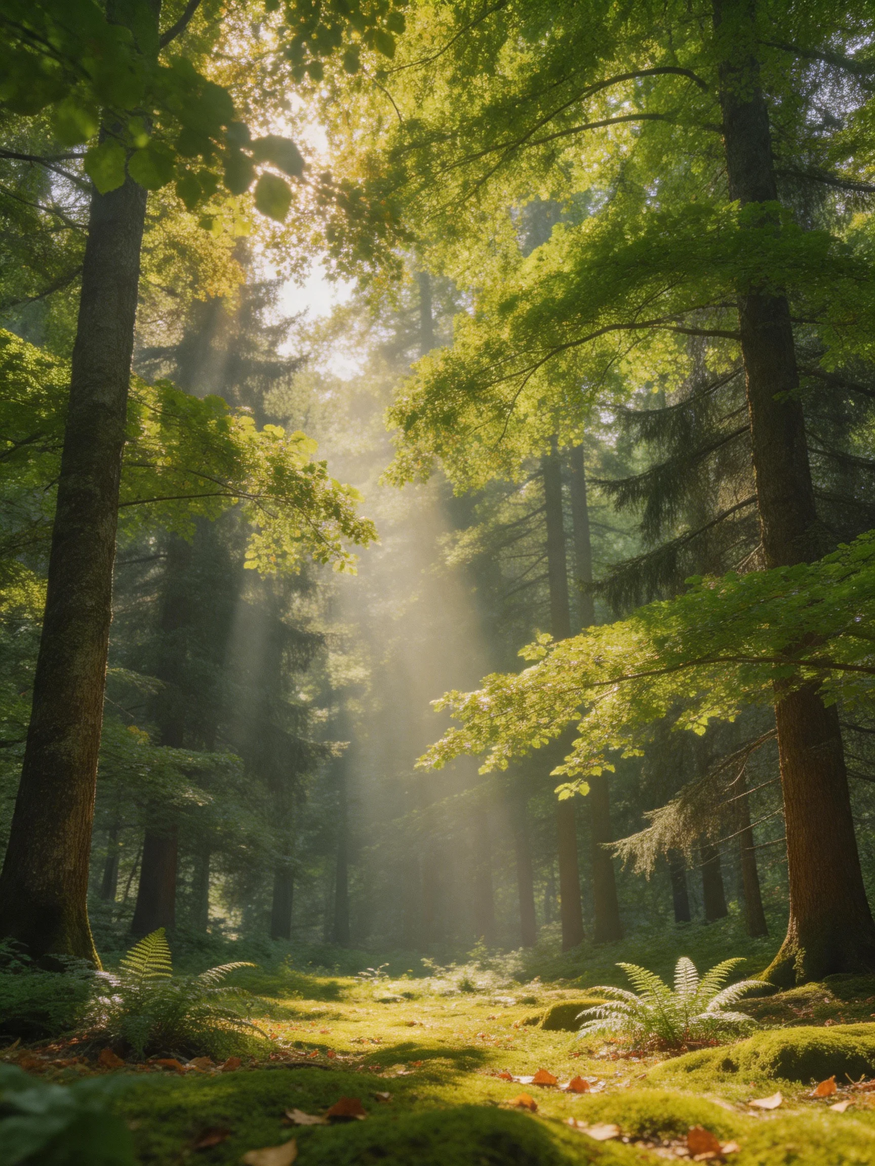 Tall trees with lush green foliage frame a sunlit forest clearing