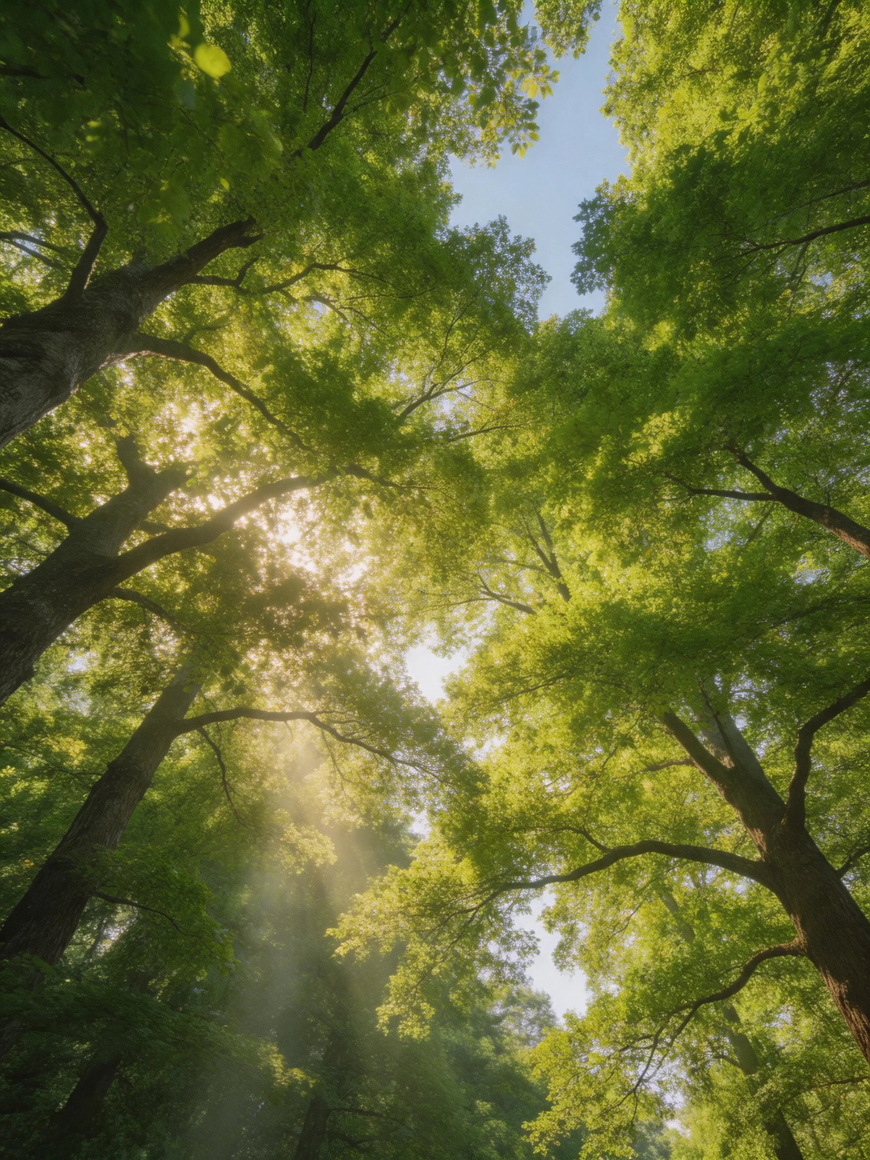 Tall trees with lush green foliage, sunlight filtering through branches