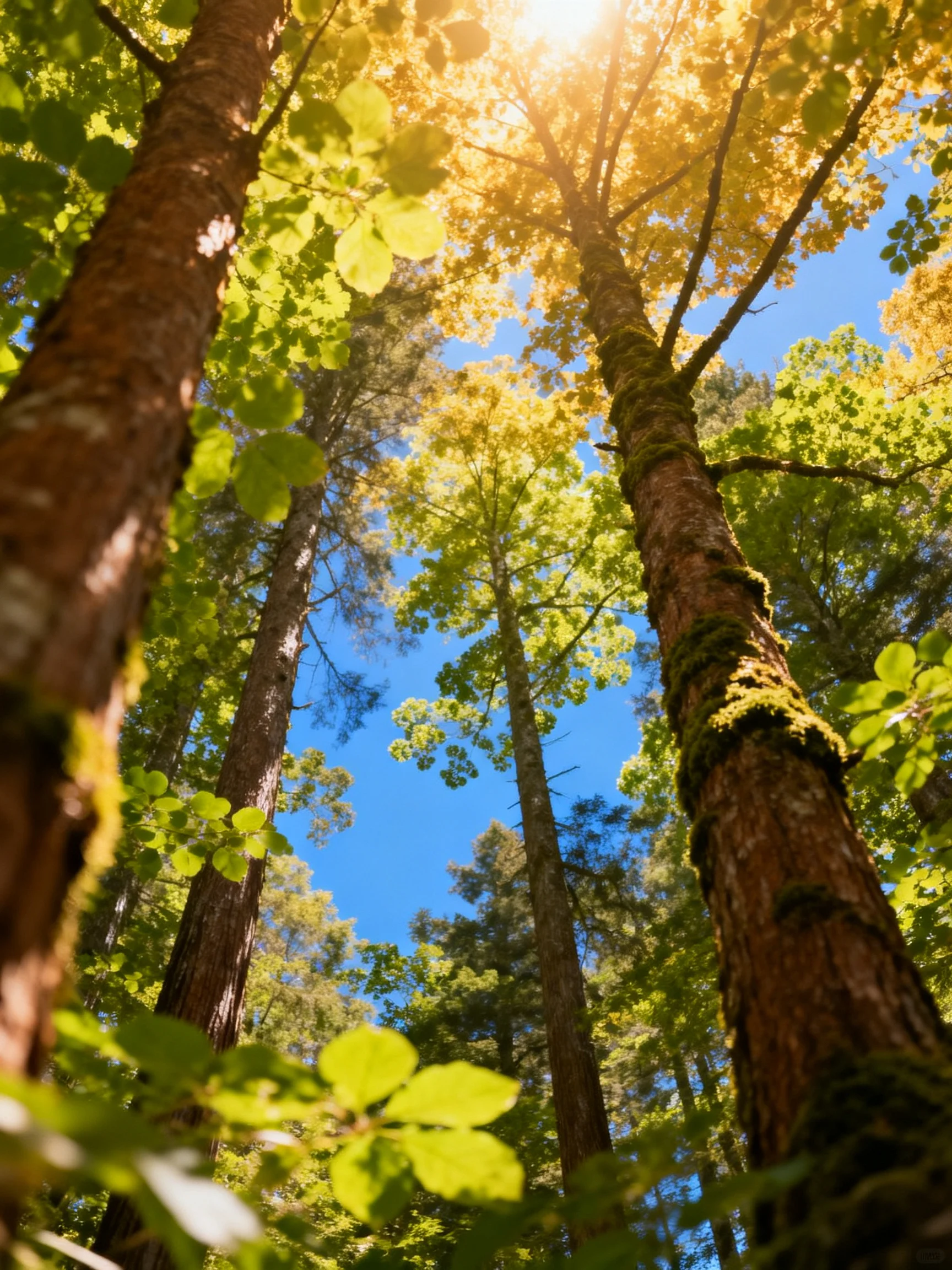 Tall trees with mossy trunks beneath golden sunlight and clear blue sky
