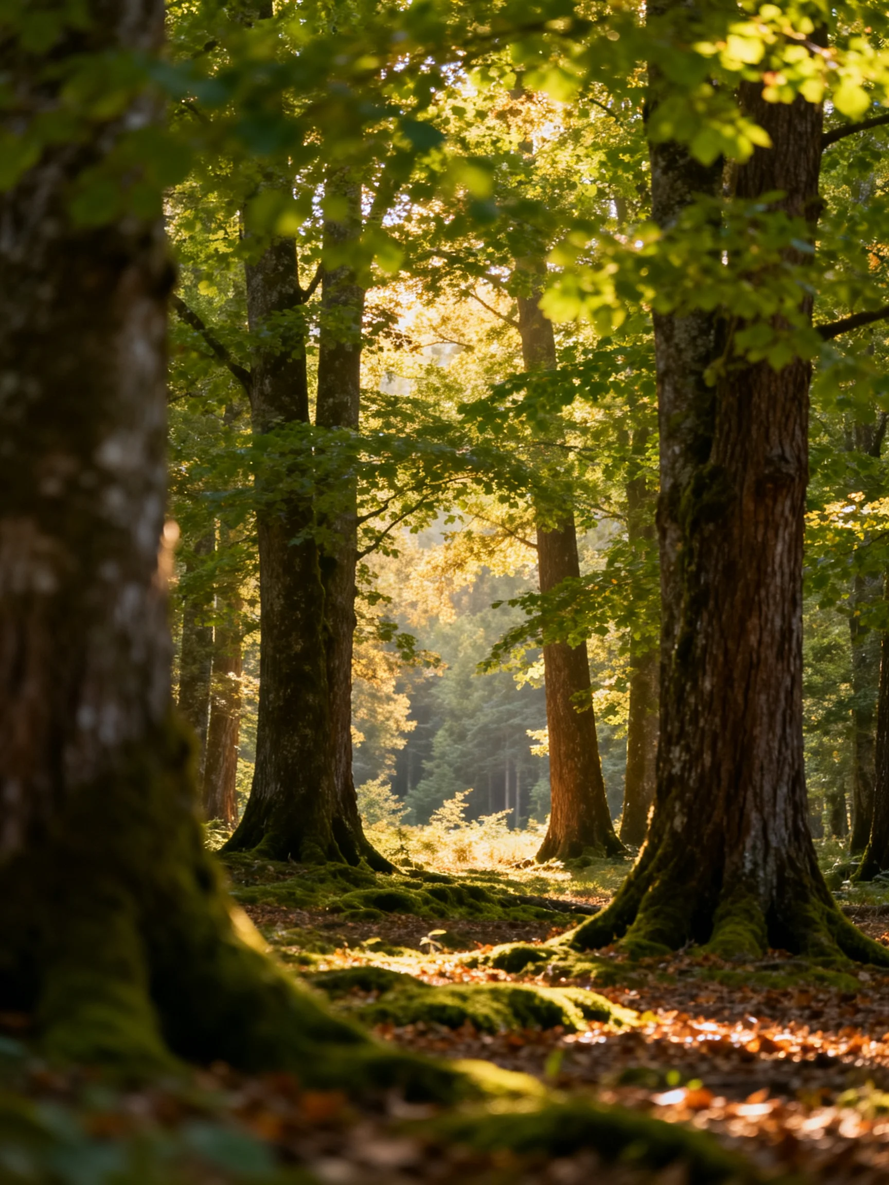 Tall trees with mossy trunks in a sun-dappled forest