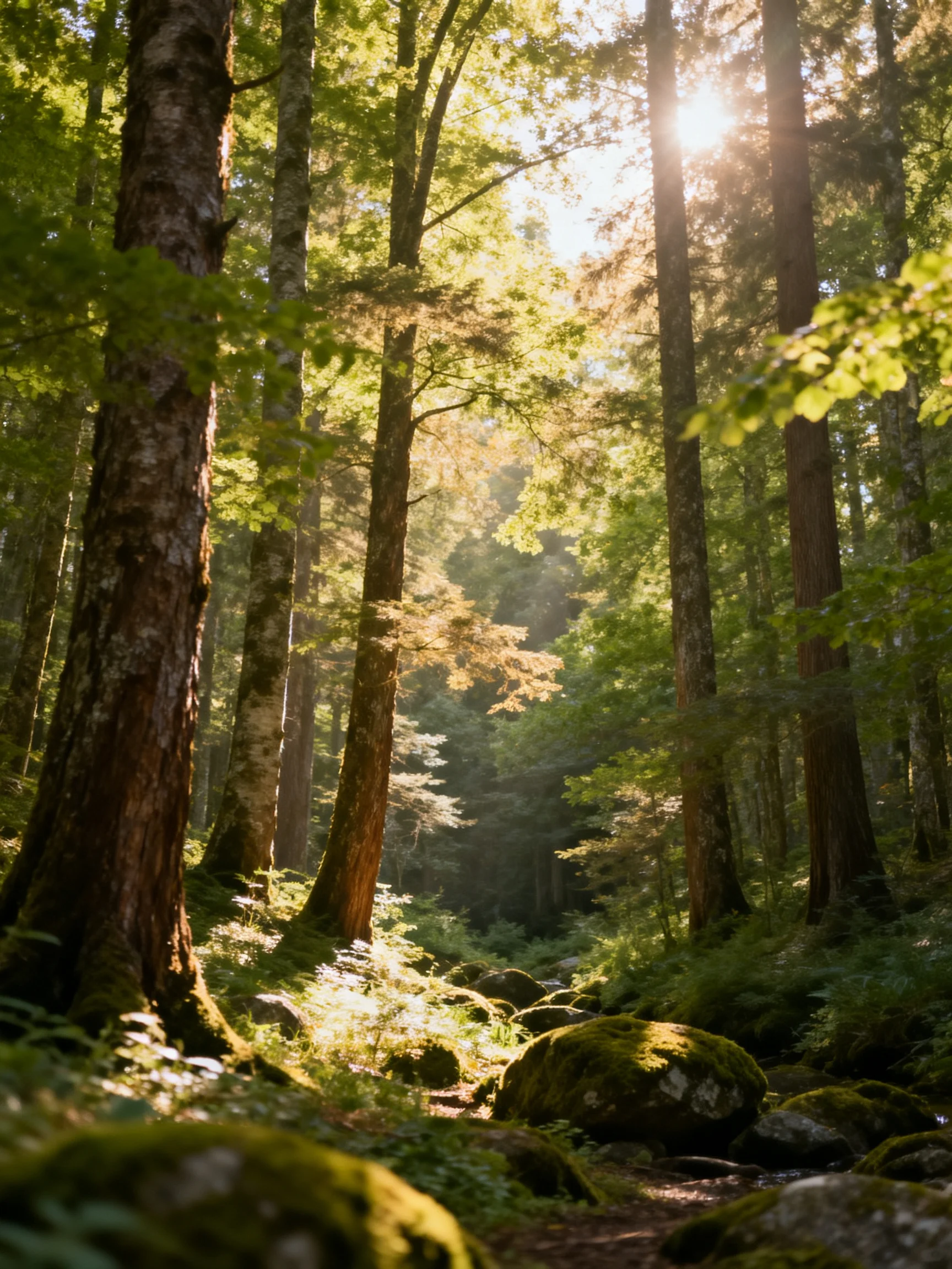 Tall trees with mossy trunks surround moss-covered rocks in sunlit forest