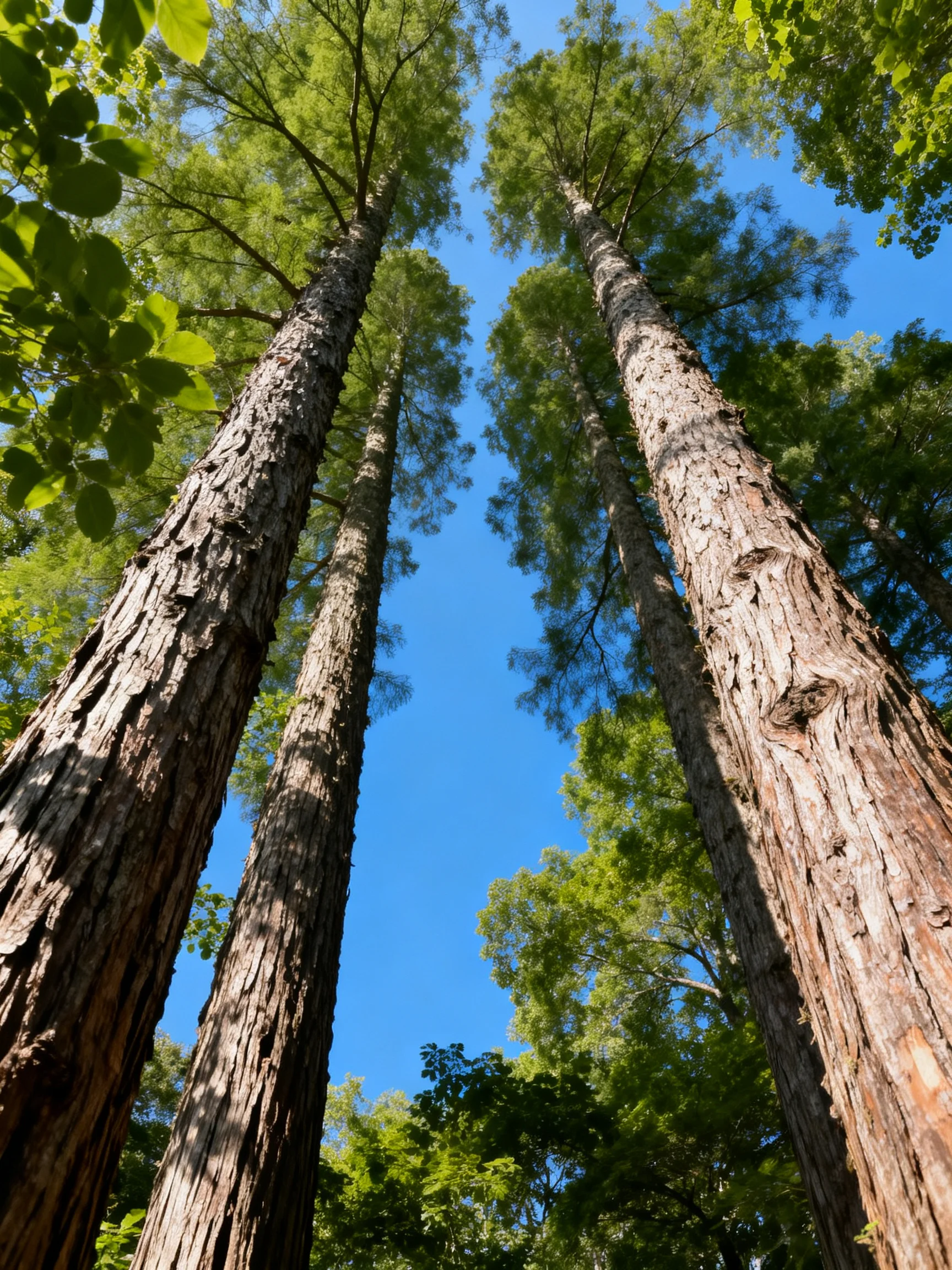 Tall trees with rugged bark reach toward clear blue sky