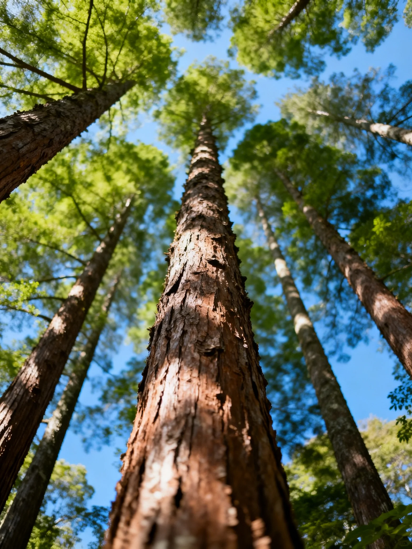 Tall trees with rugged brown trunks stretch toward clear blue sky