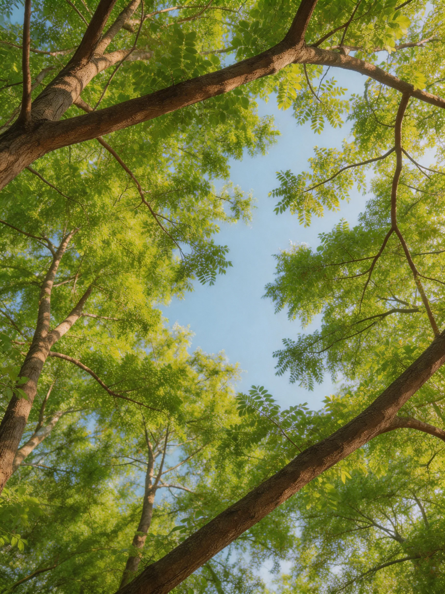 Tall trees with thick brown trunks and dense green foliage under bright blue sky