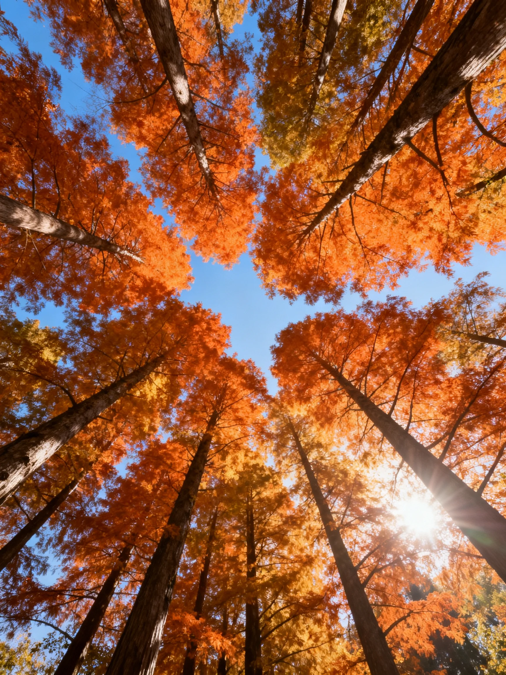 Tall trees with vibrant orange autumn foliage beneath a clear blue sky