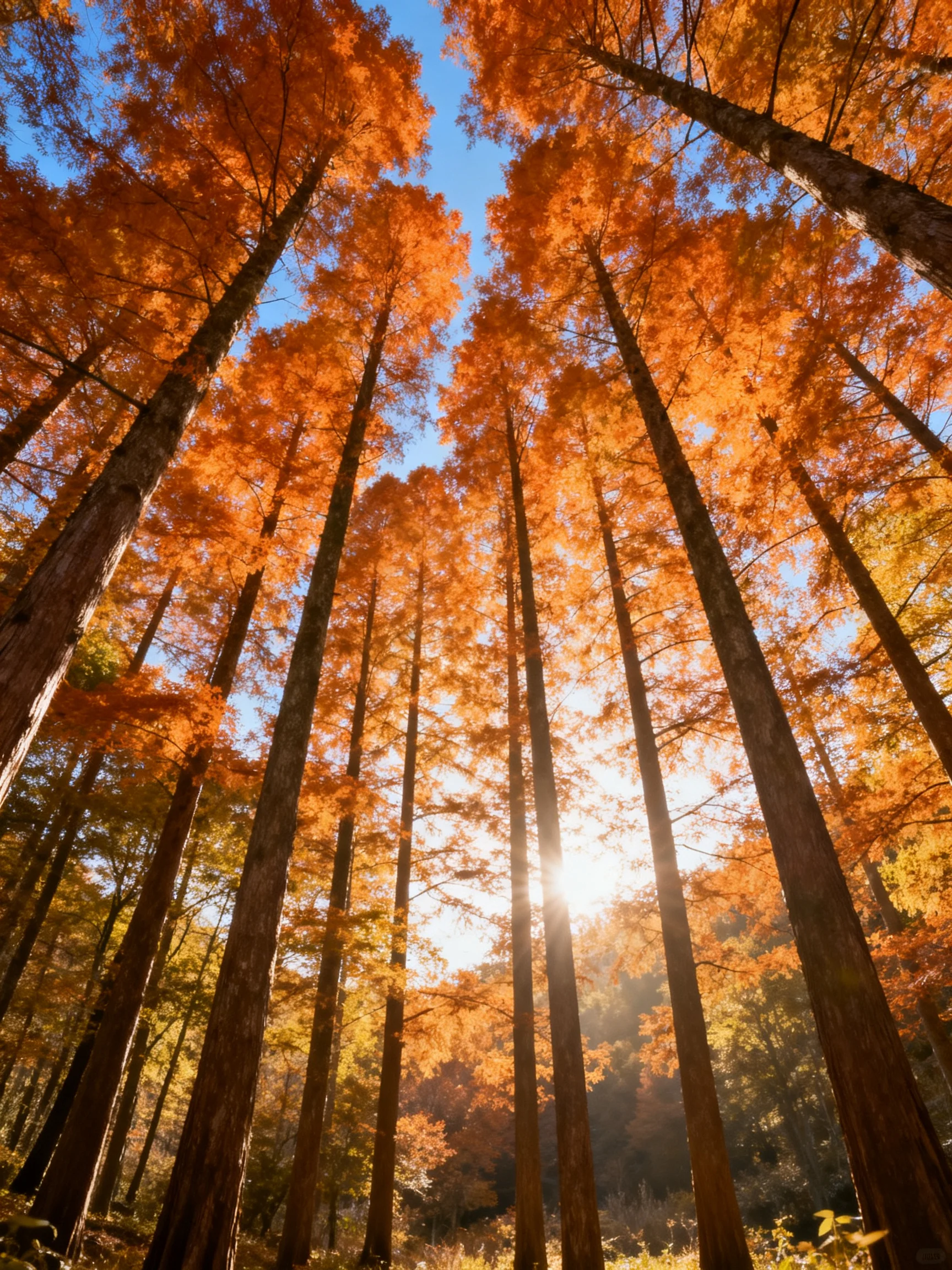 Tall trees with vibrant orange foliage under bright sunlight