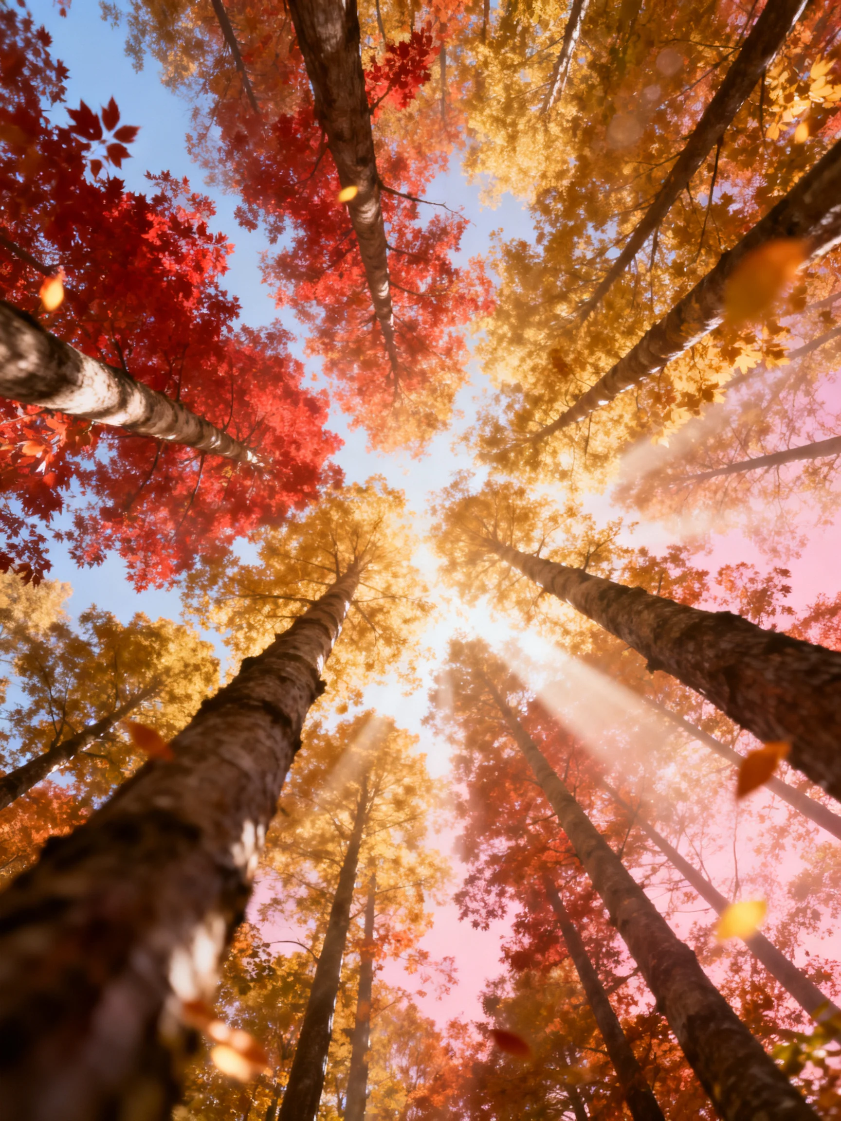 Tall trees with vibrant red and golden autumn leaves reach toward a bright sky