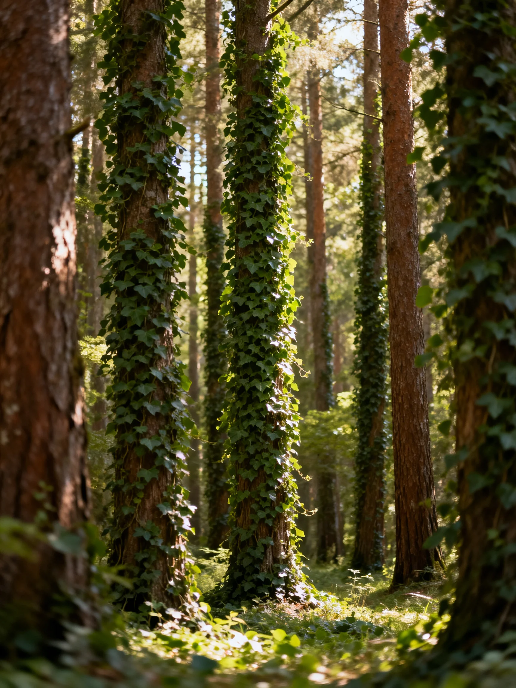 Tall trees wrapped in dense green vines in a sunlit forest