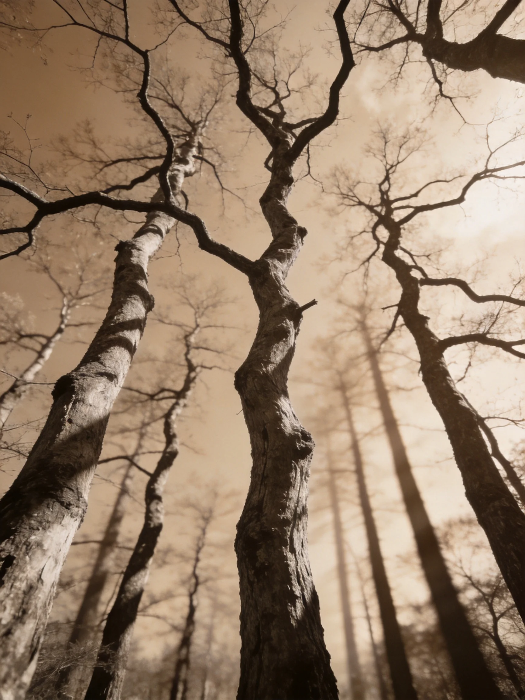 Tall, twisted trees fill a sepia-toned forest viewed from below