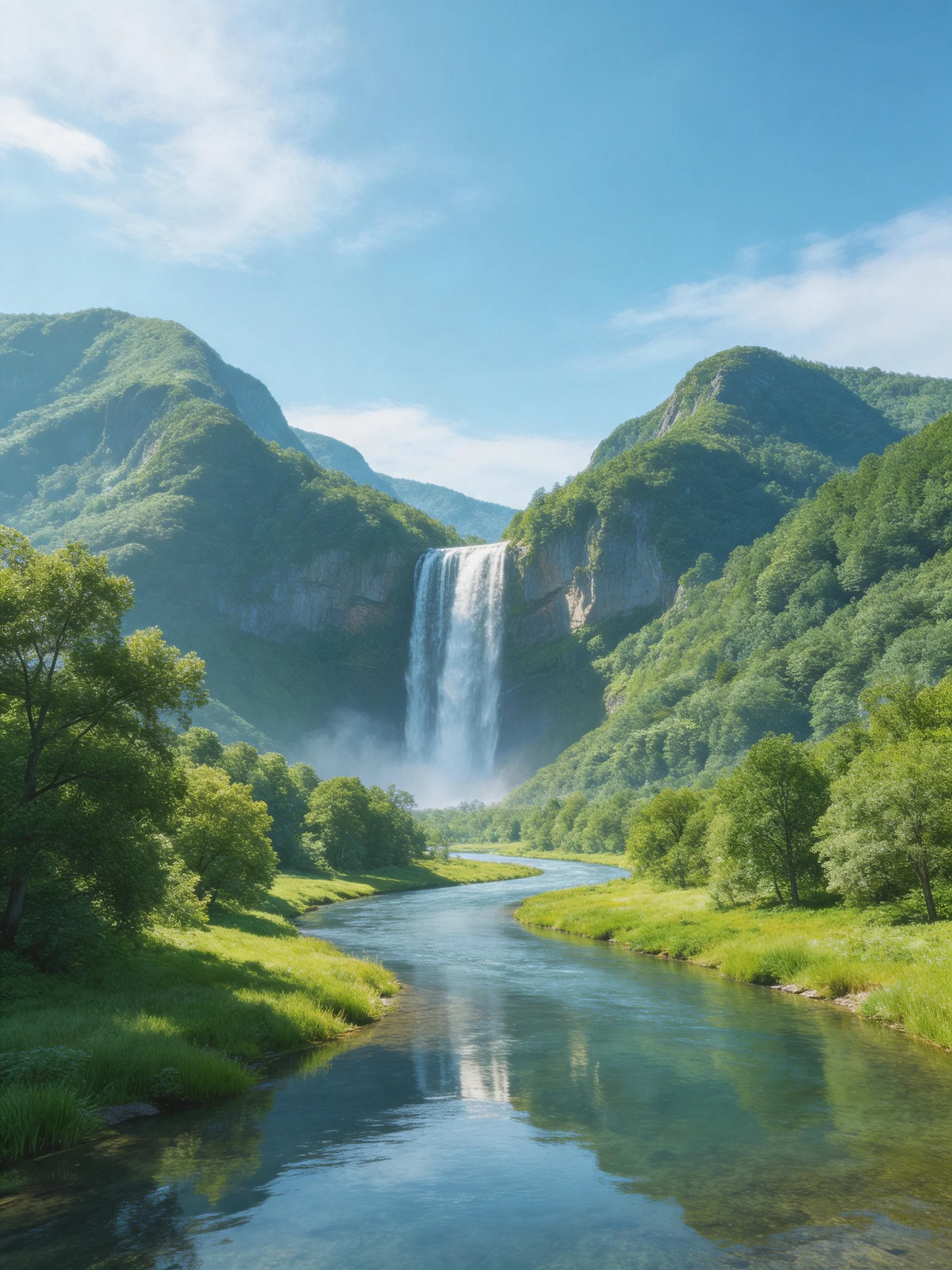 Tall waterfall cascades into a winding river amid lush green mountains