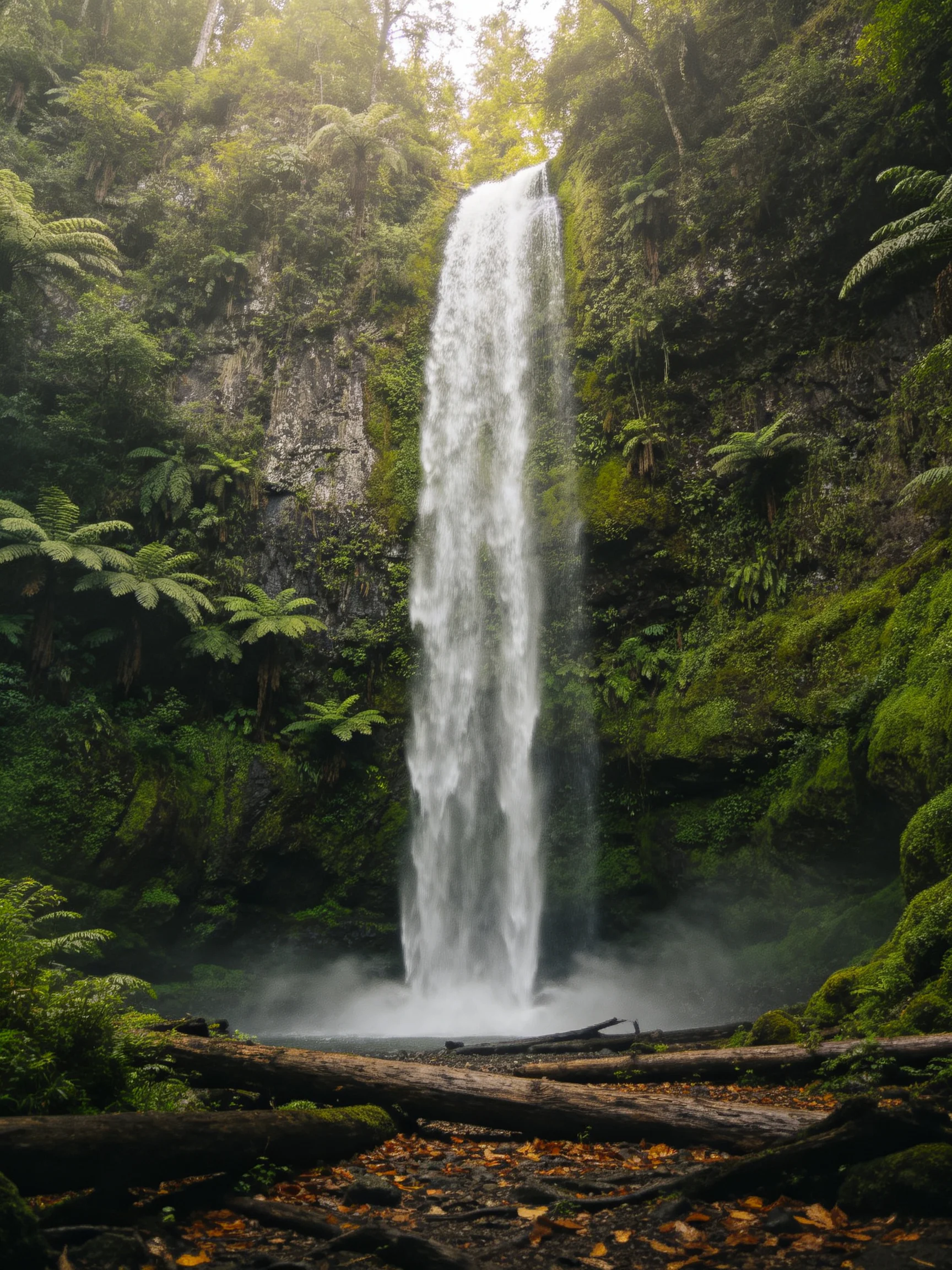 Tall waterfall cascades into misty pool amid lush green forest