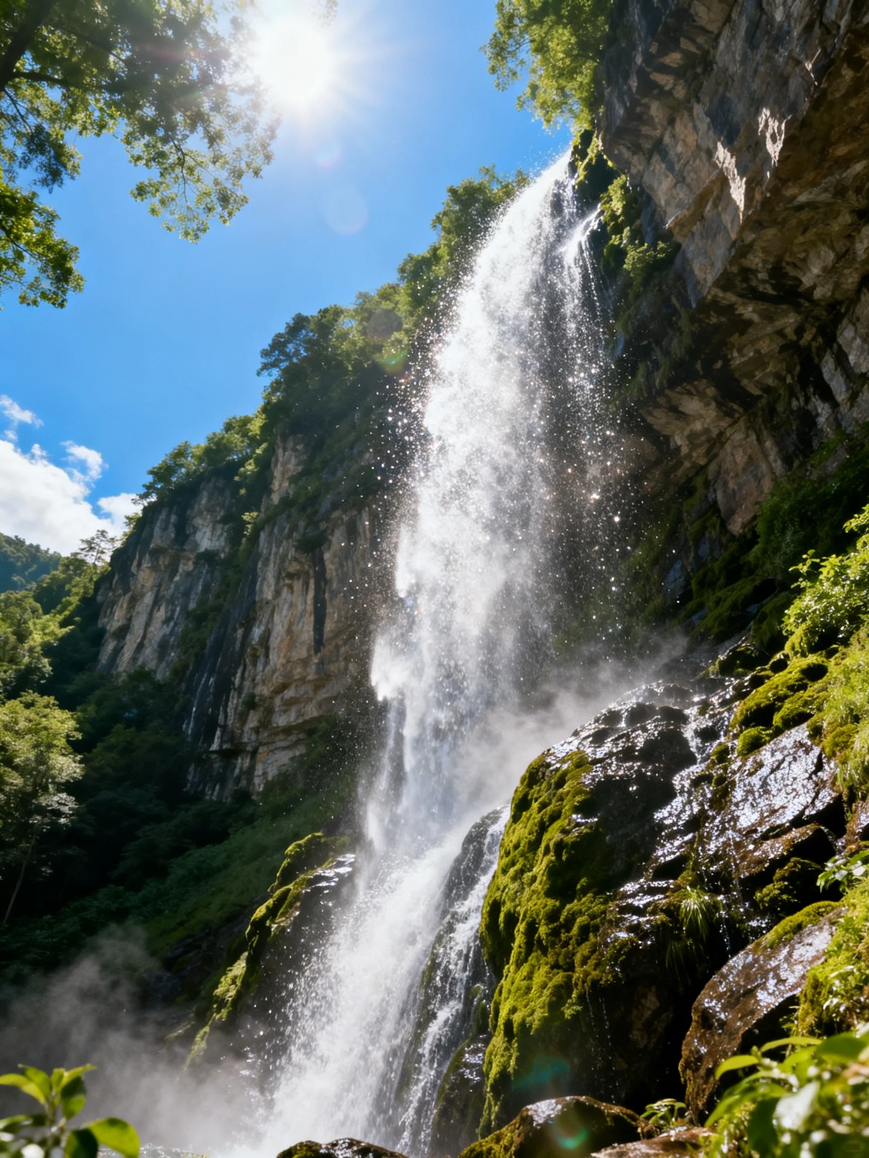 Tall waterfall flows over mossy cliffs under sunny sky