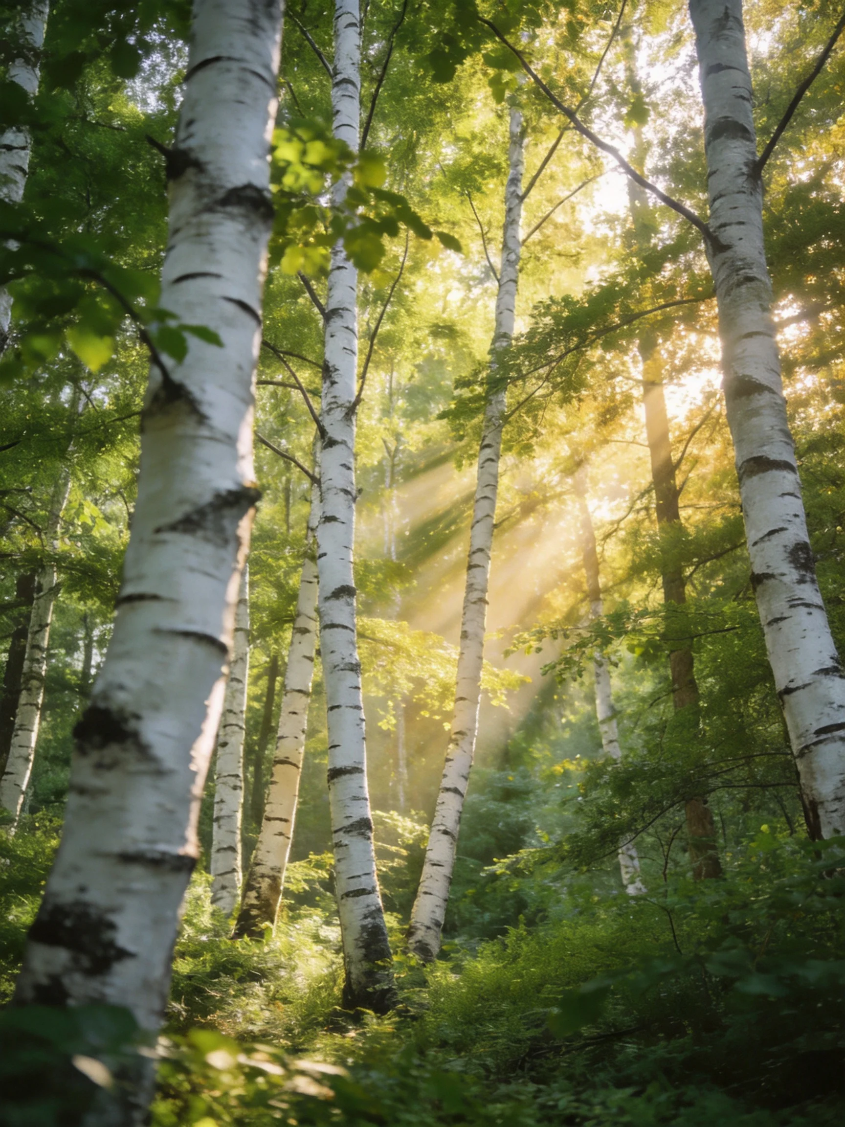 Tall white - barked birch trees illuminated by golden sunlight in a lush forest