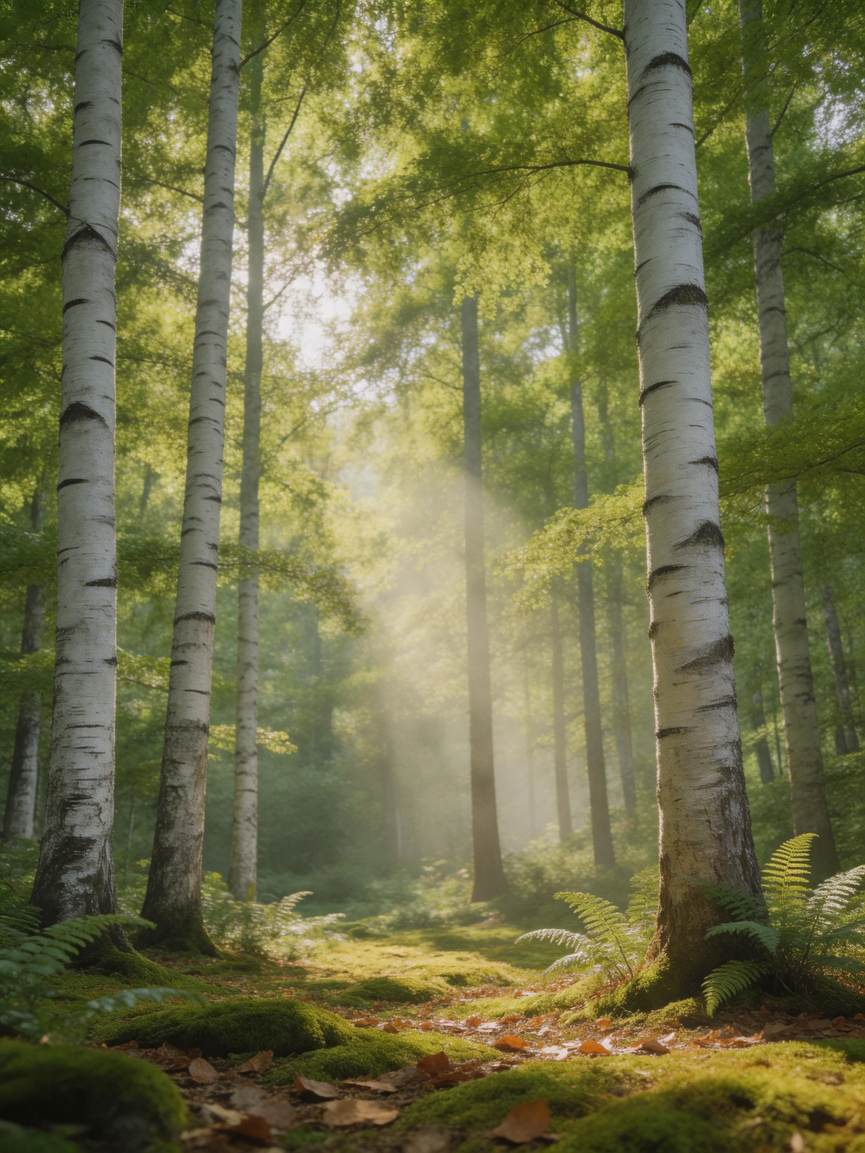 Tall white-barked birches in a sun-dappled green forest