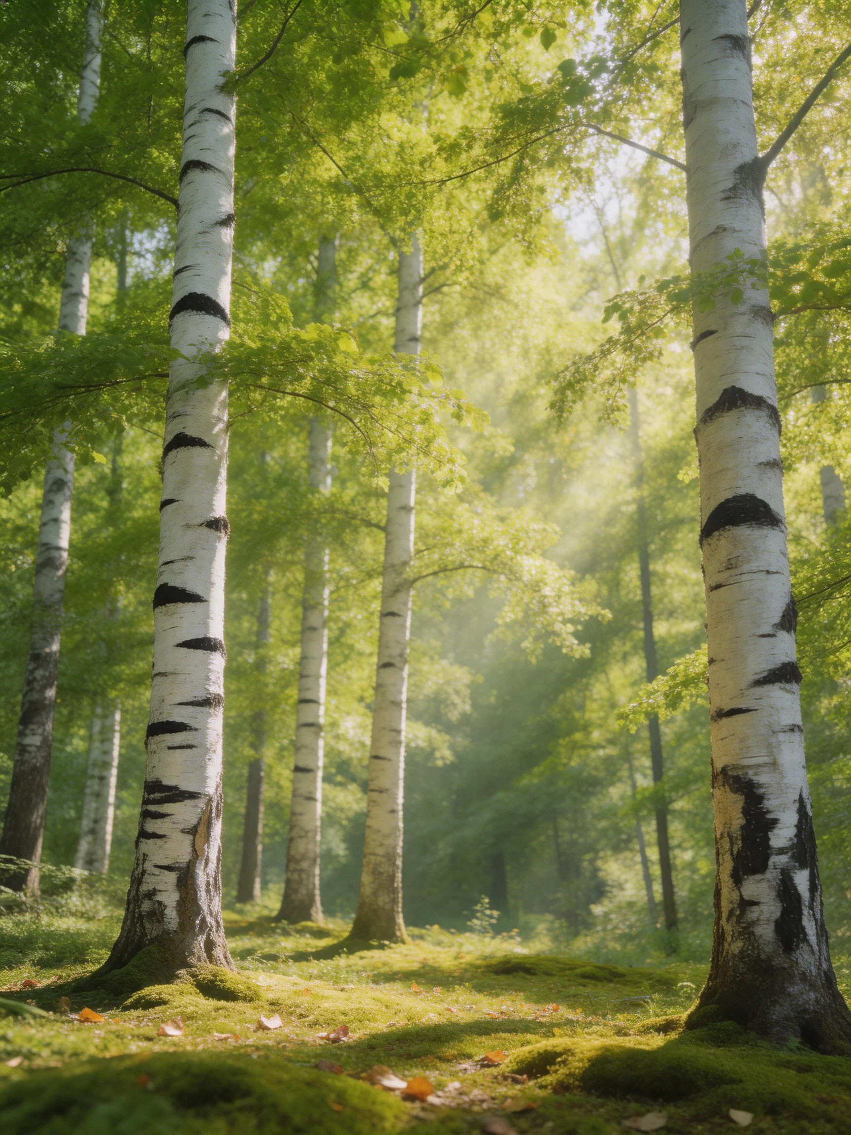 Tall white-barked birches stand amid lush green foliage with golden sunlight