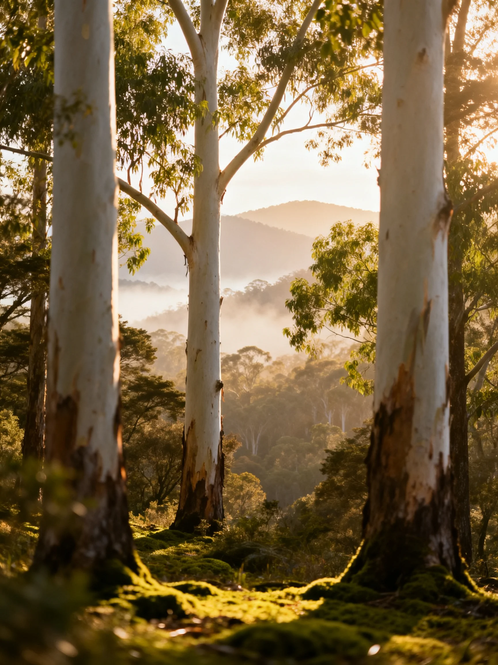 Tall white-barked eucalypts in a sunlit forest with misty hills