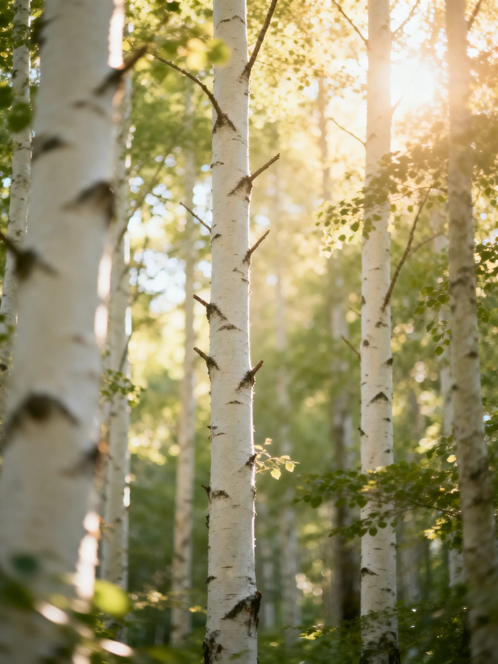 Tall white birch trees bathed in golden sunlight